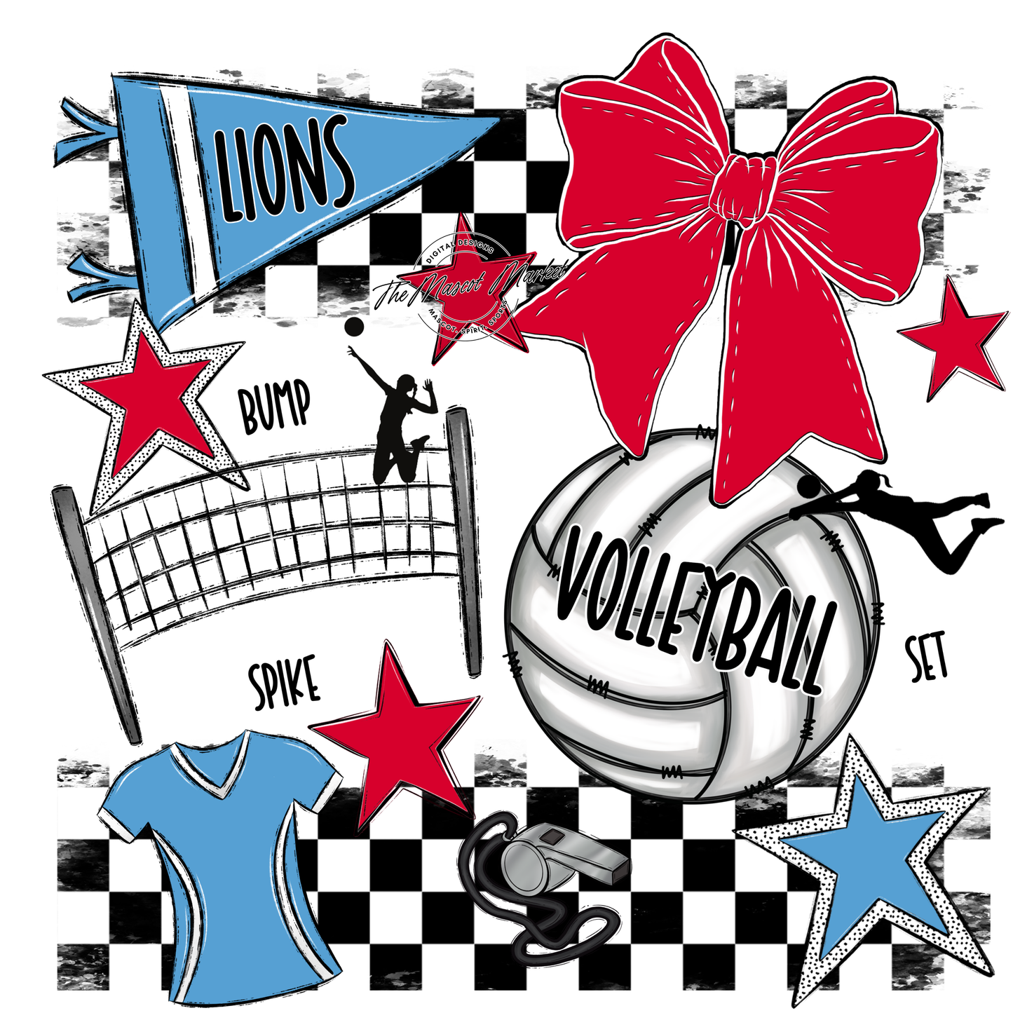 Lions Checkers Volleyball Spirit Design-Carolina Blue-Red