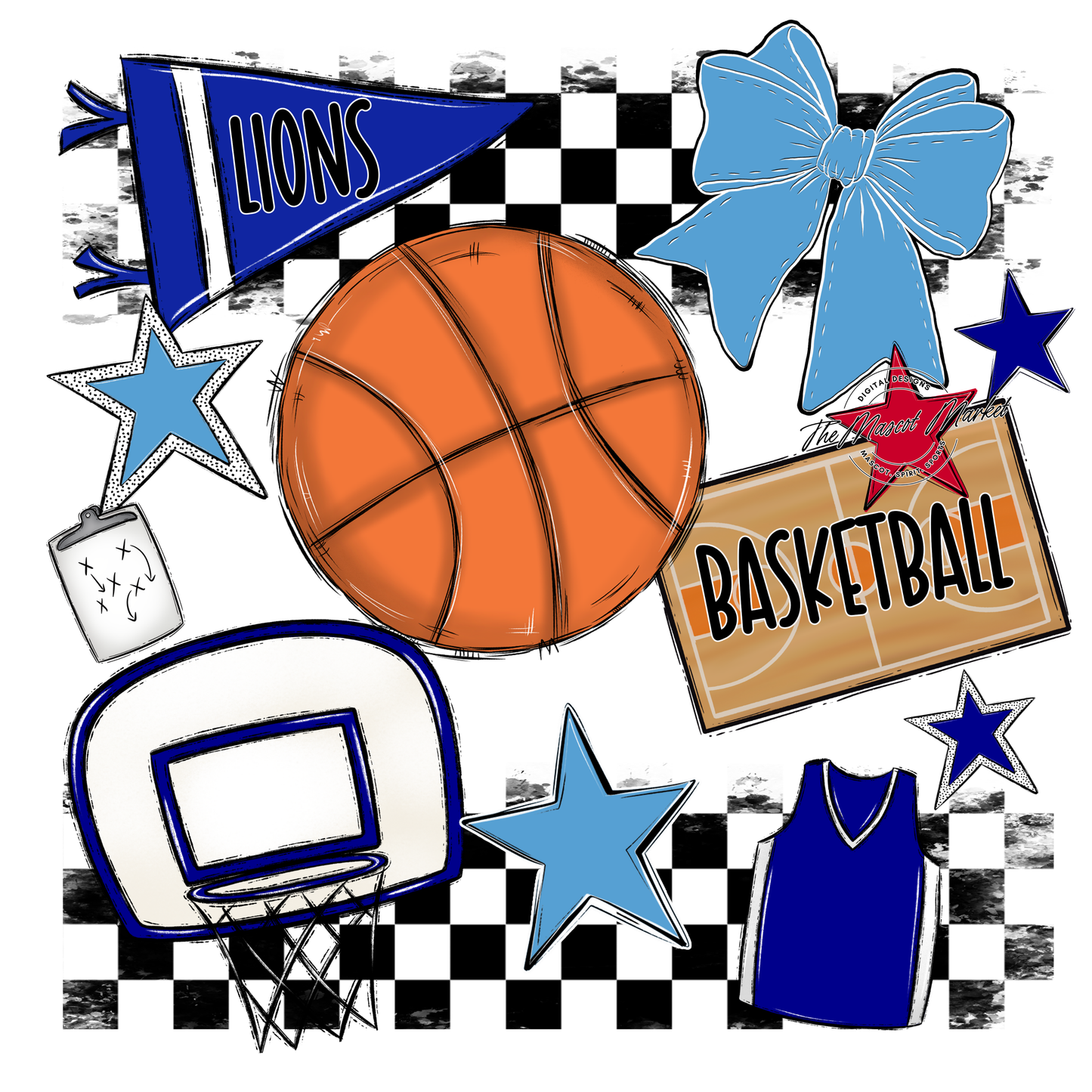 Lions Checkers Basketball Spirit Design-Blue-Carolina Blue