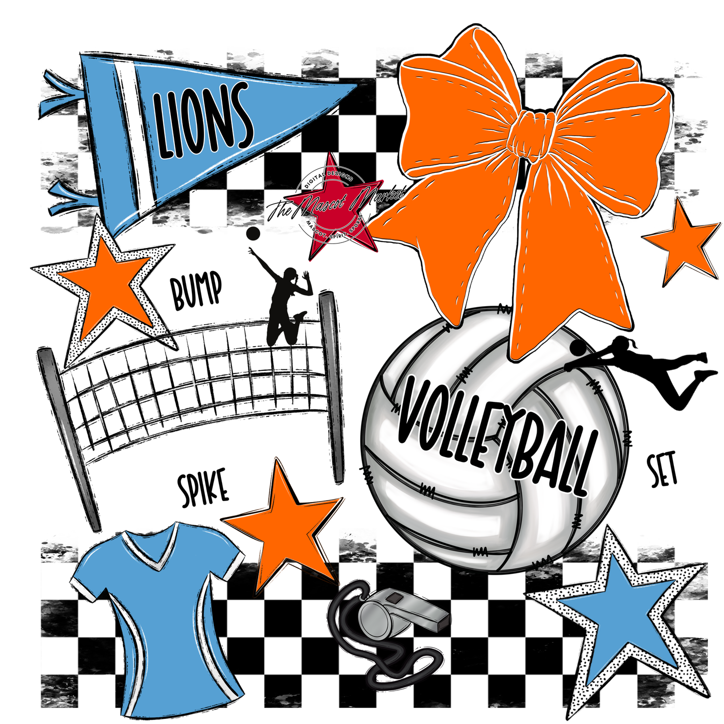 Lions Checkers Volleyball Spirit Design-Carolina Blue-Orange