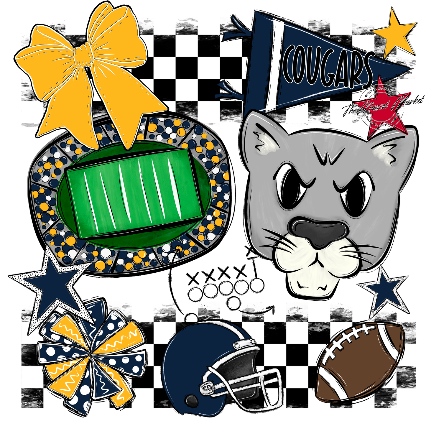 Cougars Checkers Mascot Spirit Design-Navy-Yellow