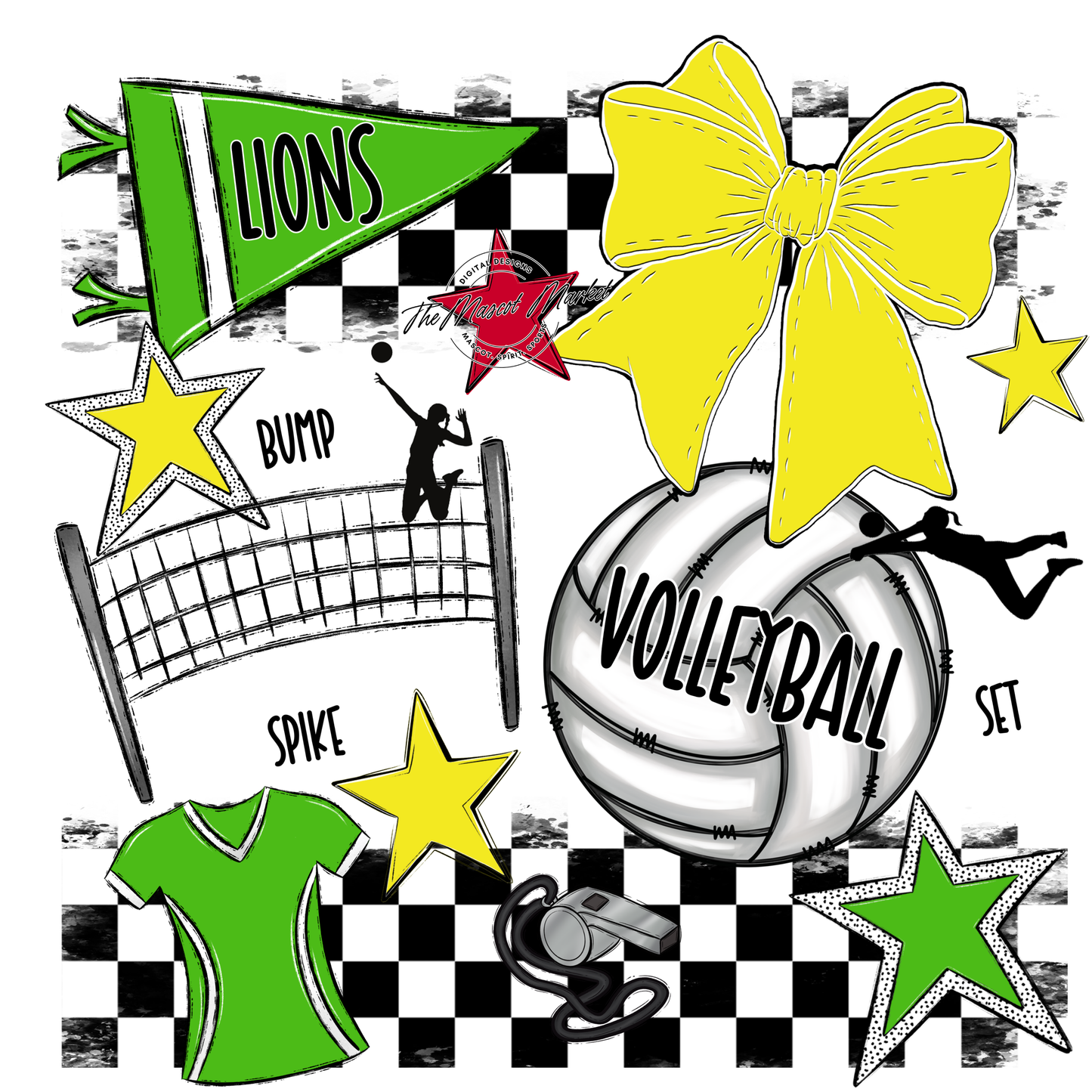 Lions Checkers Volleyball Spirit Design-Bright Green-Bright Yellow
