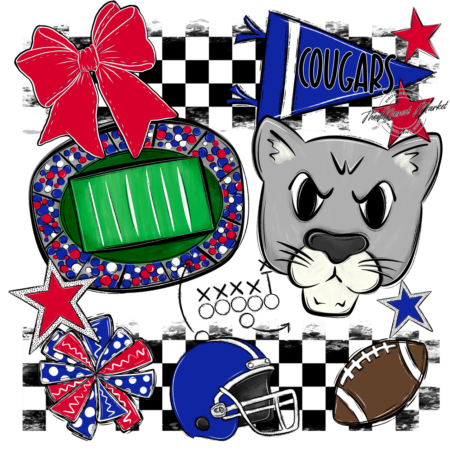 Cougars Checkers Mascot Spirit Design-Royal Blue-Red