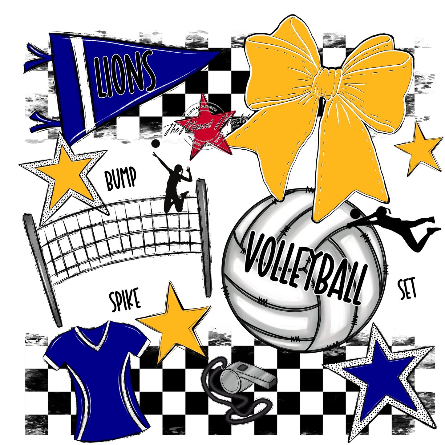 Lions Checkers Volleyball Spirit Design-Blue-Yellow