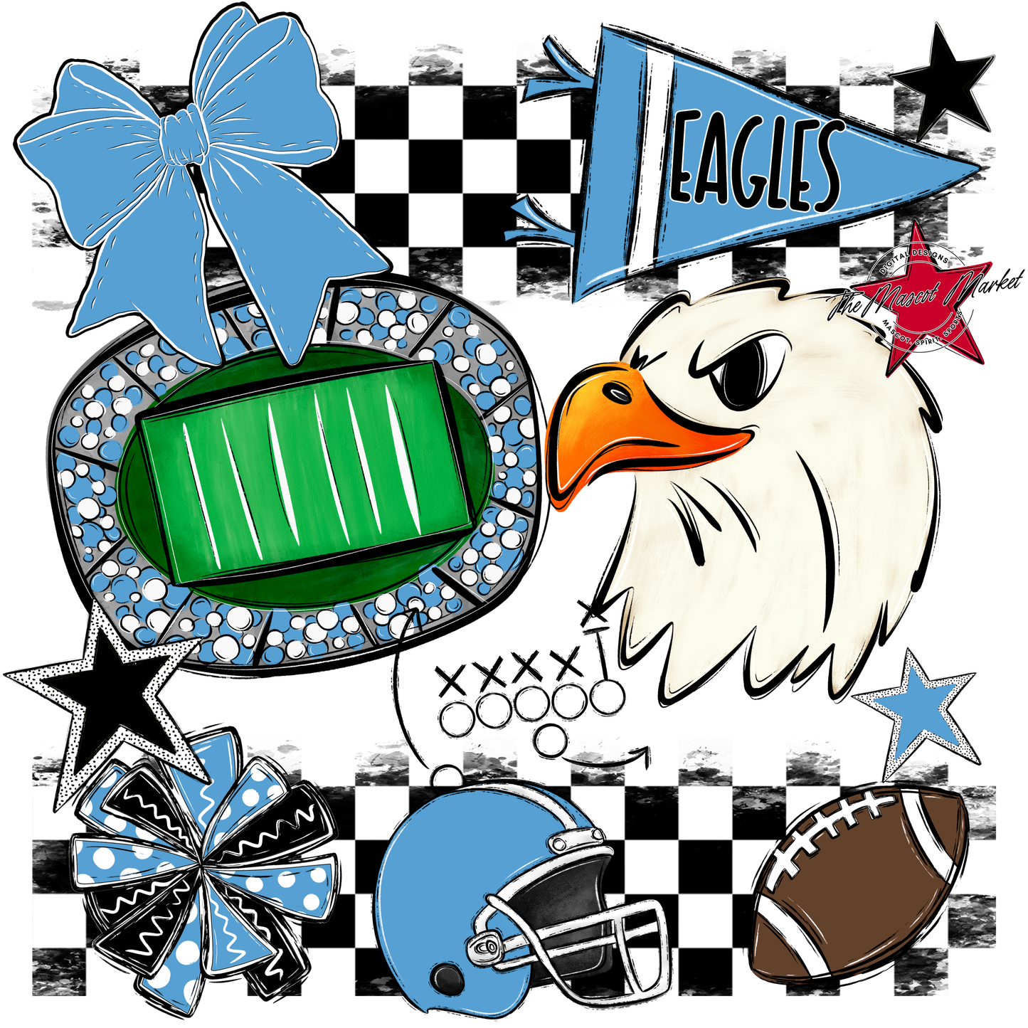 Eagles Checkers Mascot Spirit Design-Carolina Blue