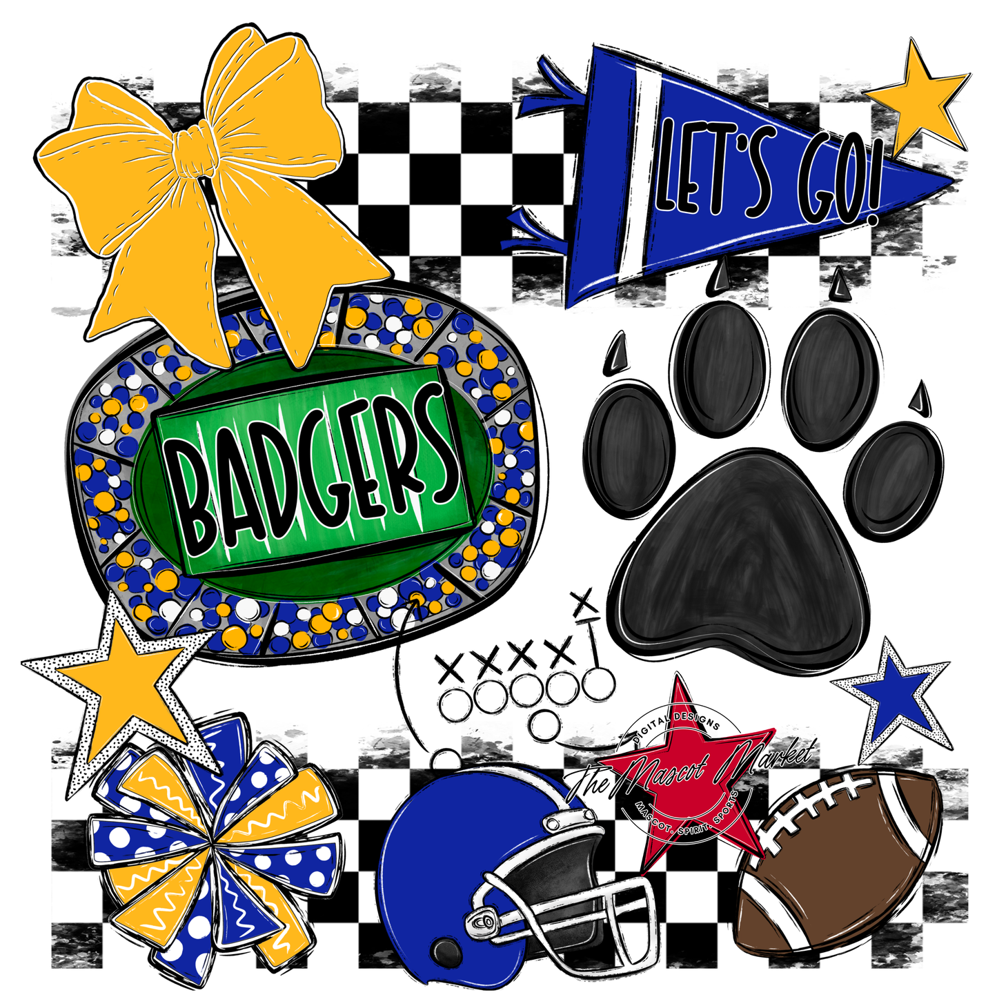 Badgers Checkers Mascot Spirit Design w Paw-Blue-Yellow