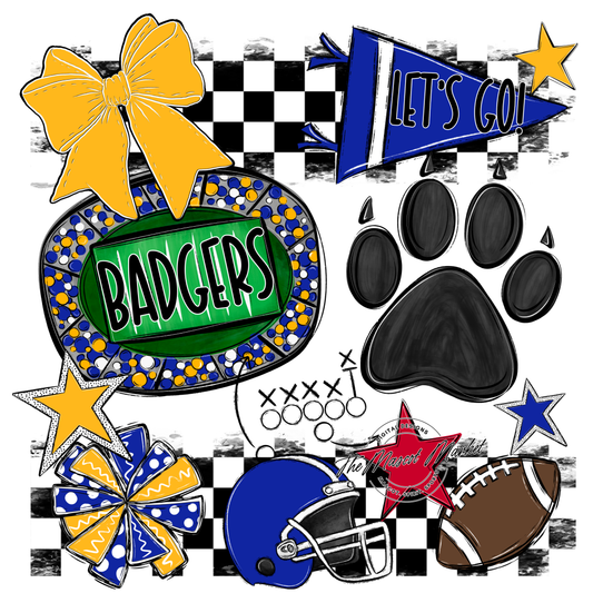 Badgers Checkers Mascot Spirit Design w Paw-Blue-Yellow