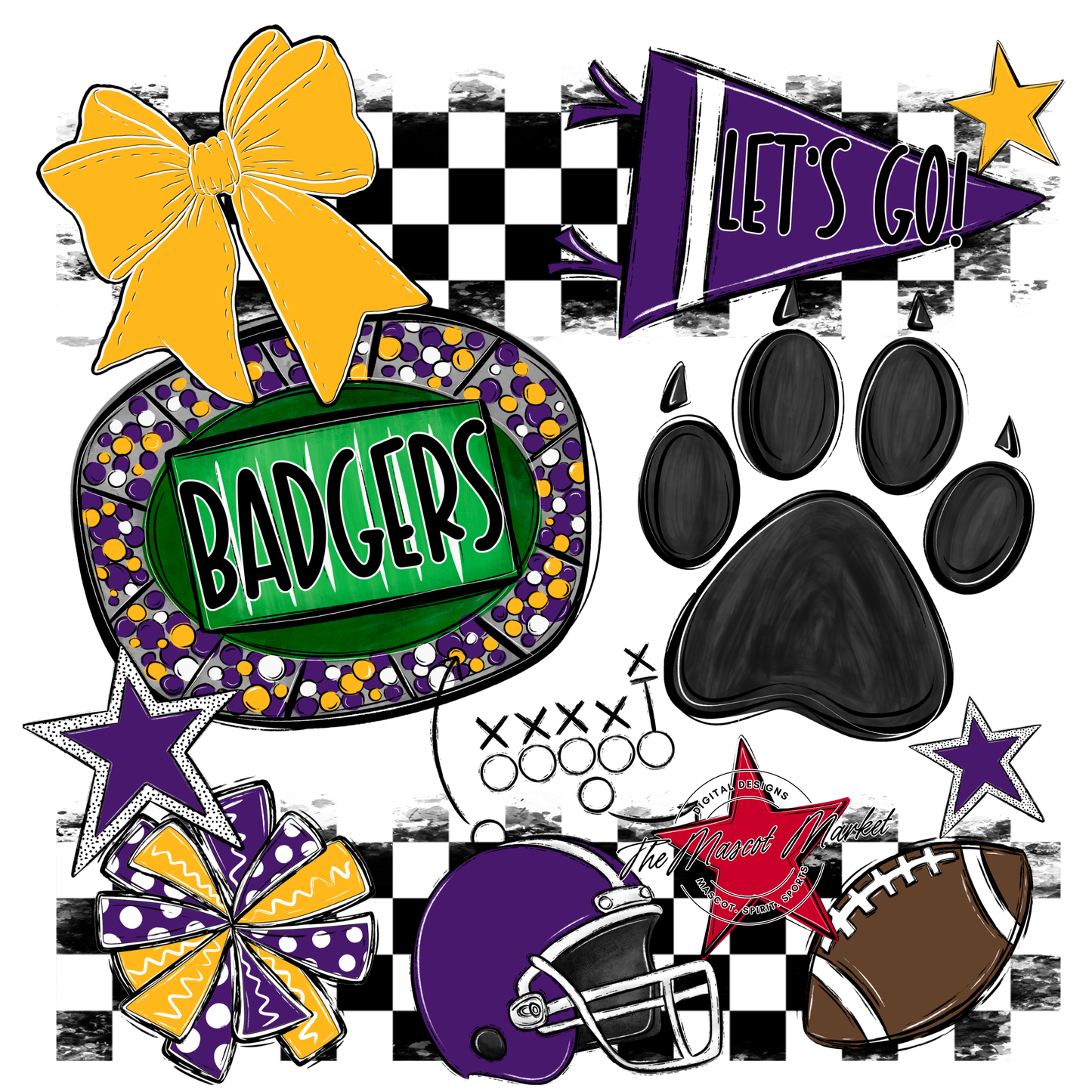Badgers Checkers Mascot Spirit Design w Paw-Purple-Yellow