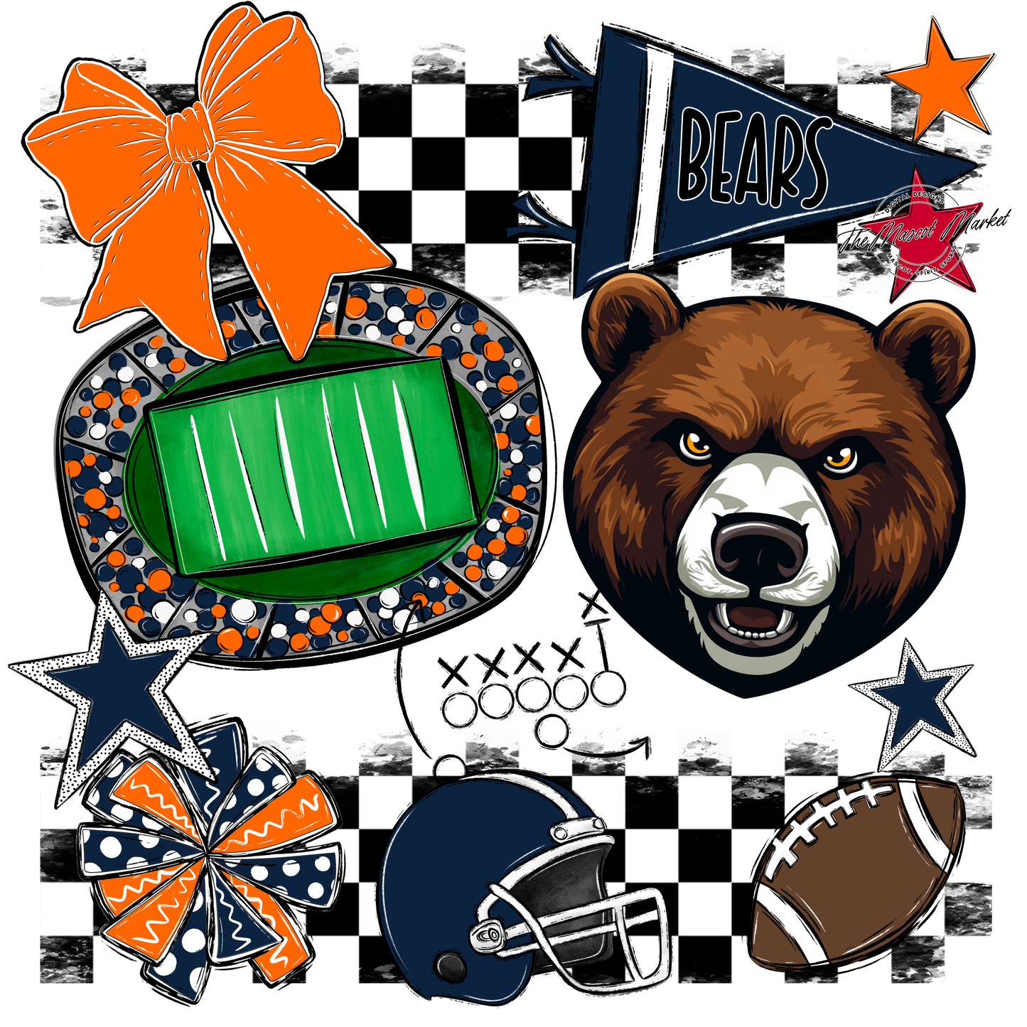 Bears Checker Mascot Spirit Design-Navy-Orange