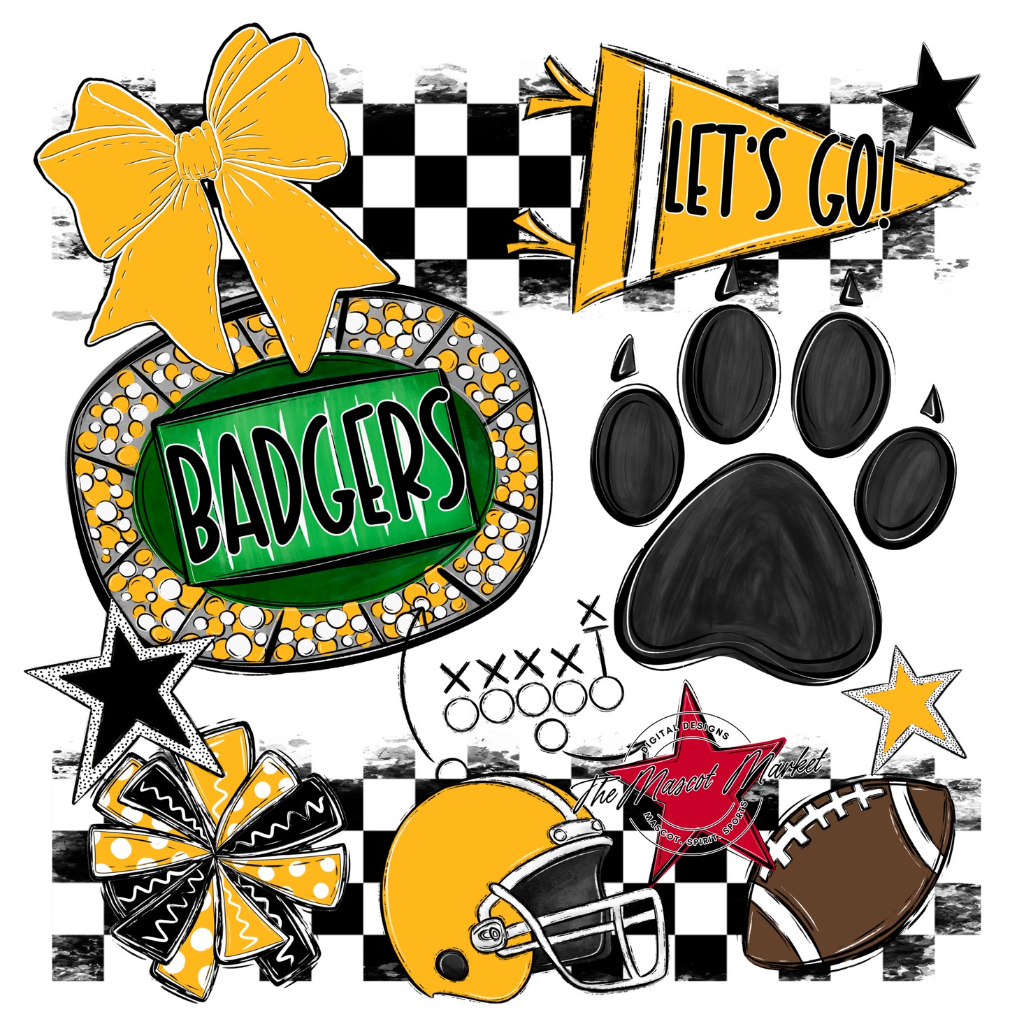 Badgers Checkers Mascot Spirit Design w Paw-Yellow