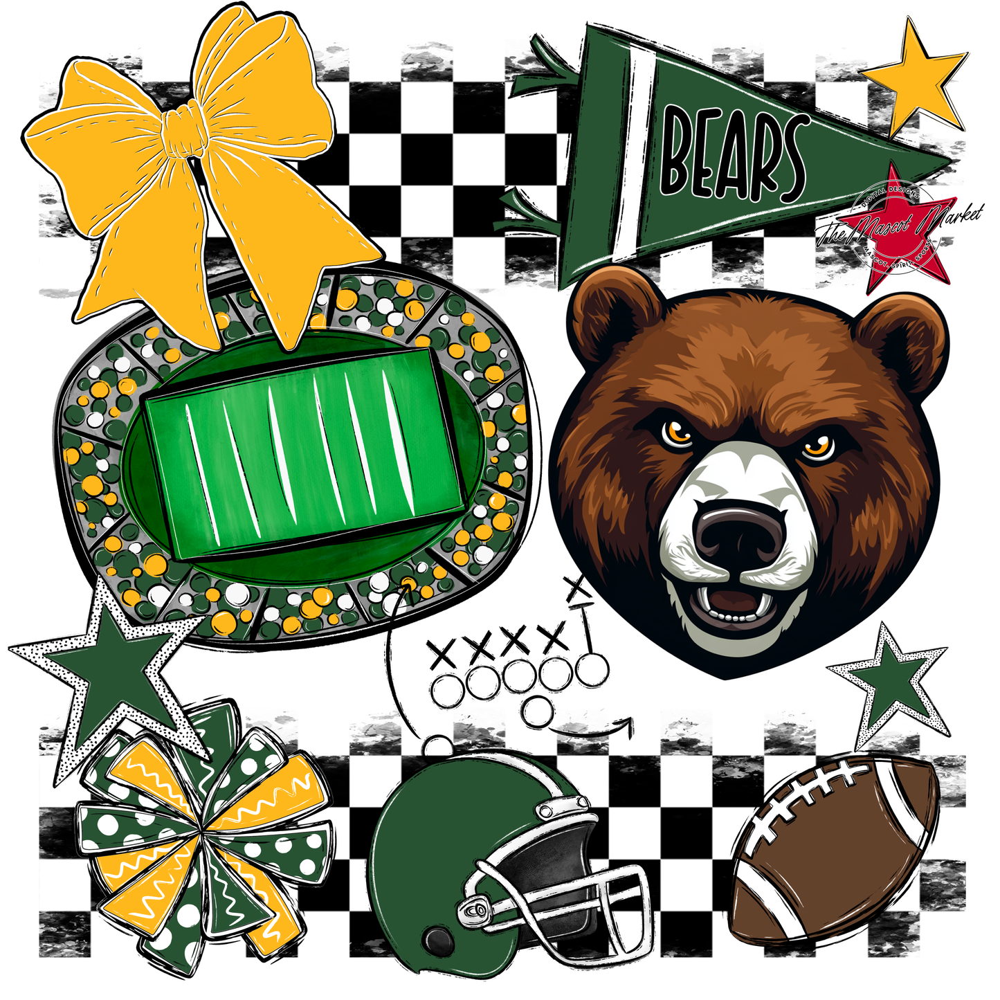 Bears Checker Mascot Spirit Design-Green-Yellow