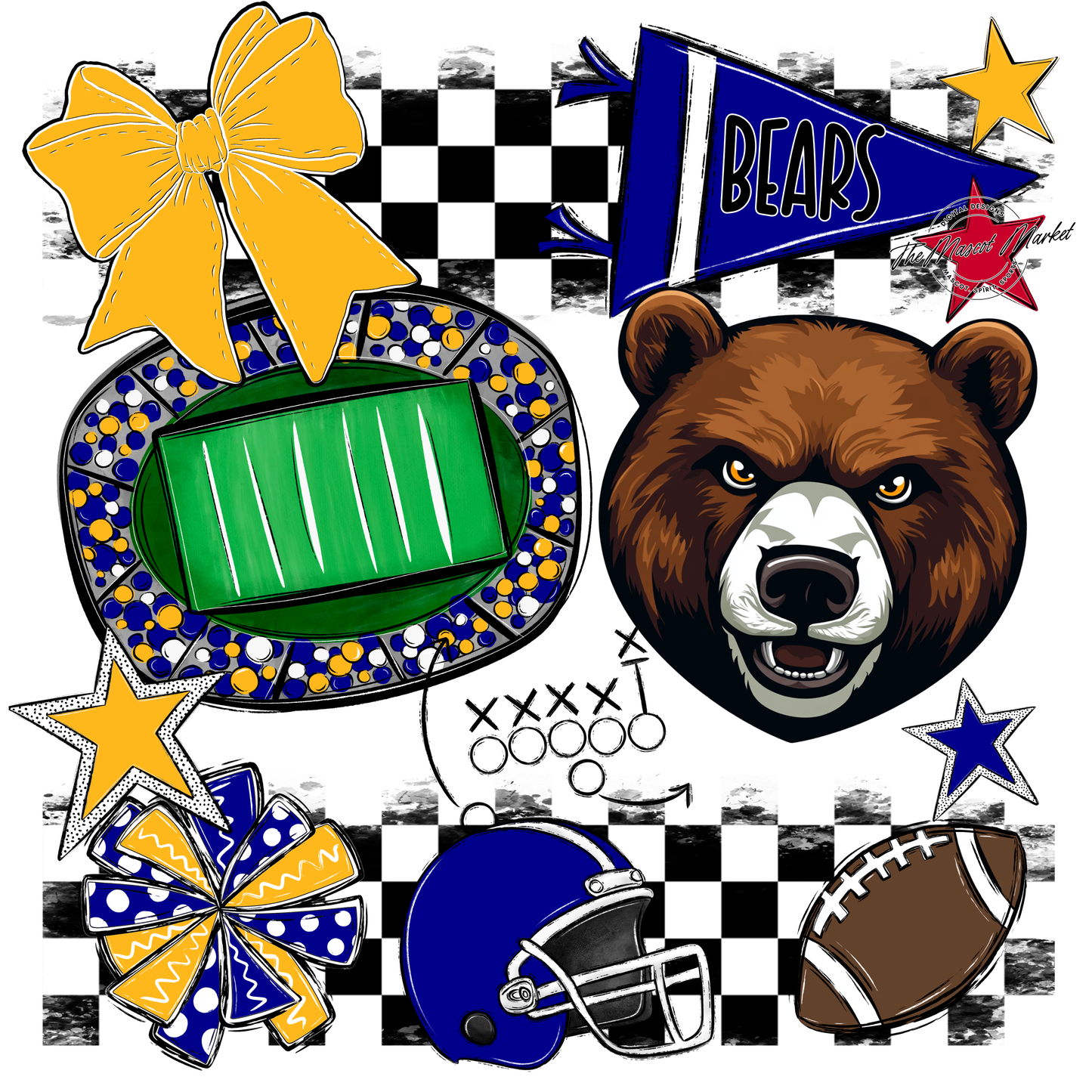 Bears Checker Mascot Spirit Design-Blue-Yellow