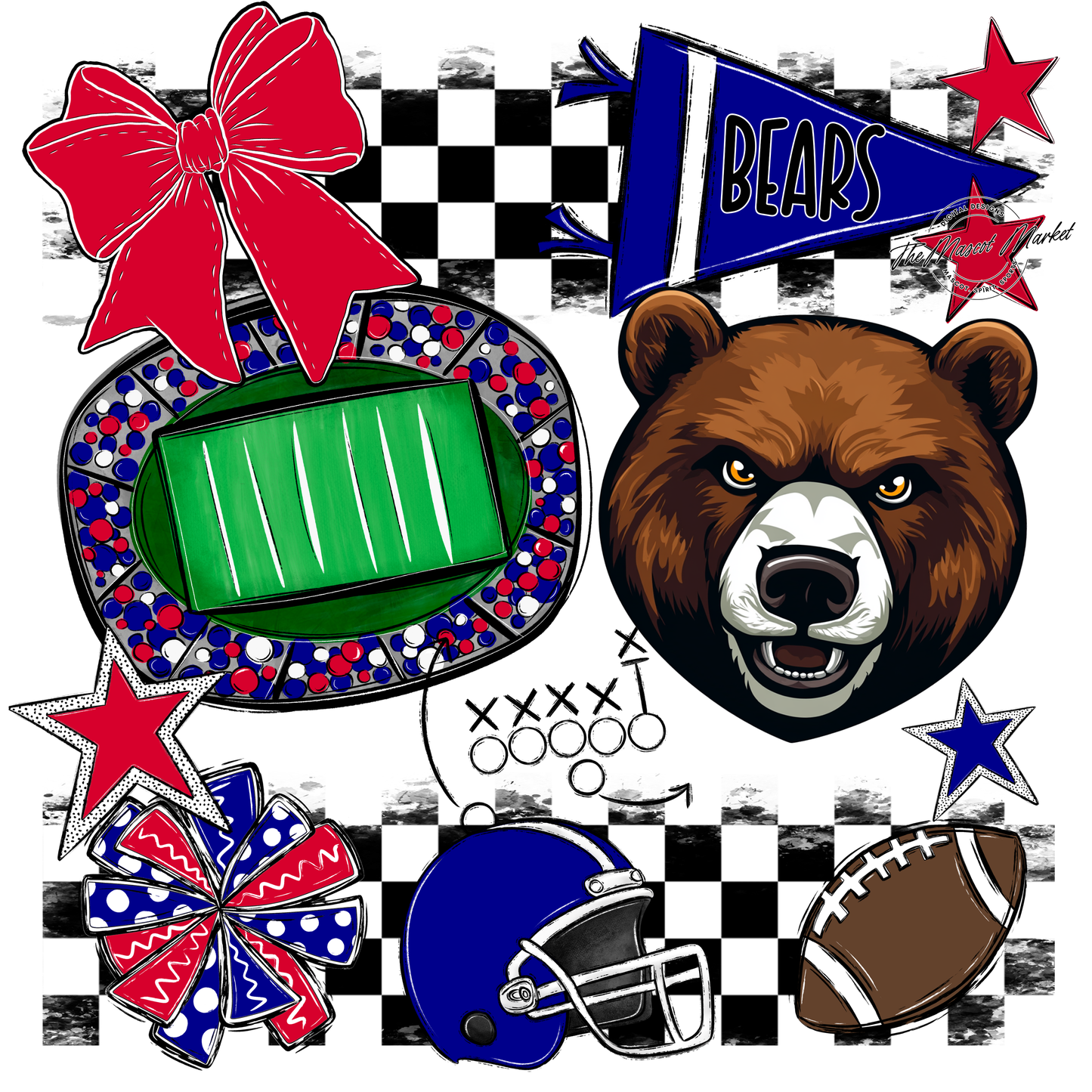 Bears Checker Mascot Spirit Design-Blue-Red