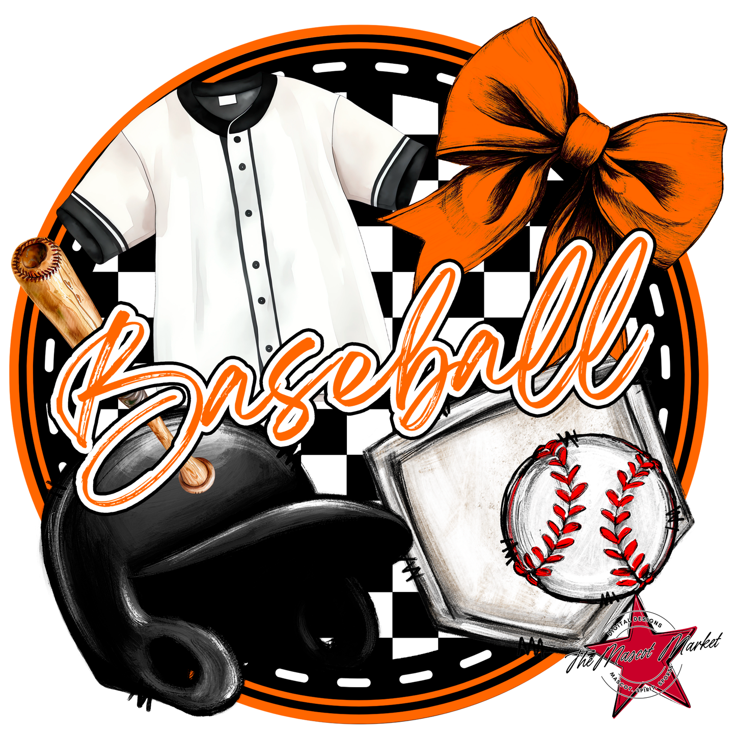 Circle Baseball Design w Bow-Orange