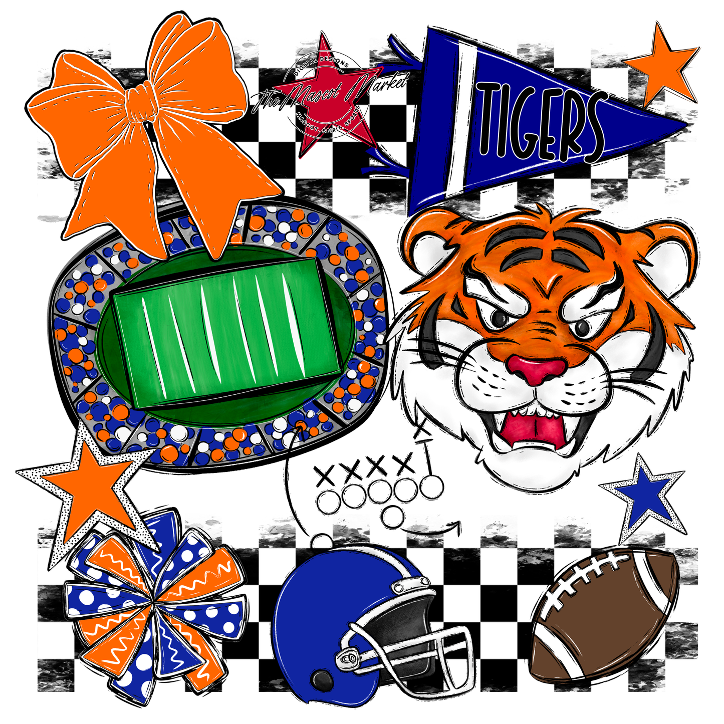 Tigers Checkers Mascot Spirit Design-Royal Blue-Orange