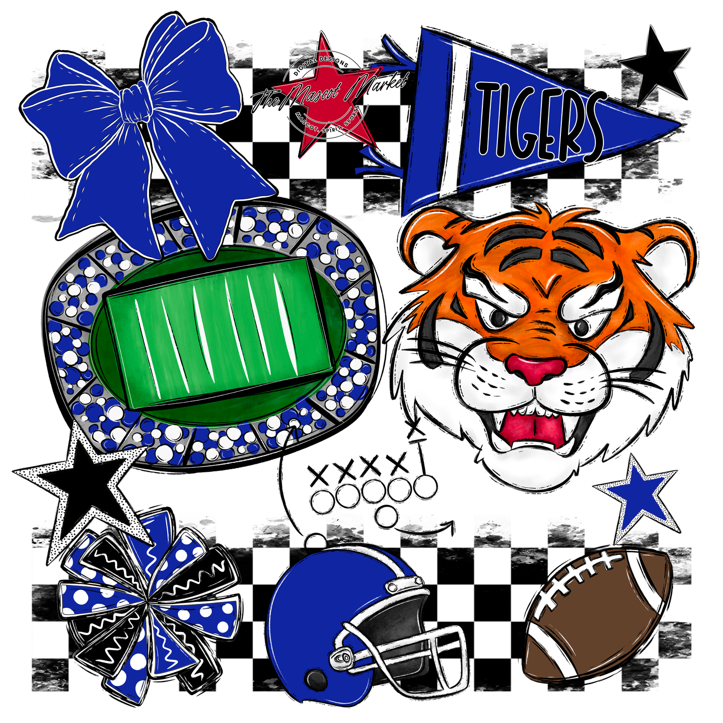 Tigers Checkers Mascot Spirit Design-Royal Blue