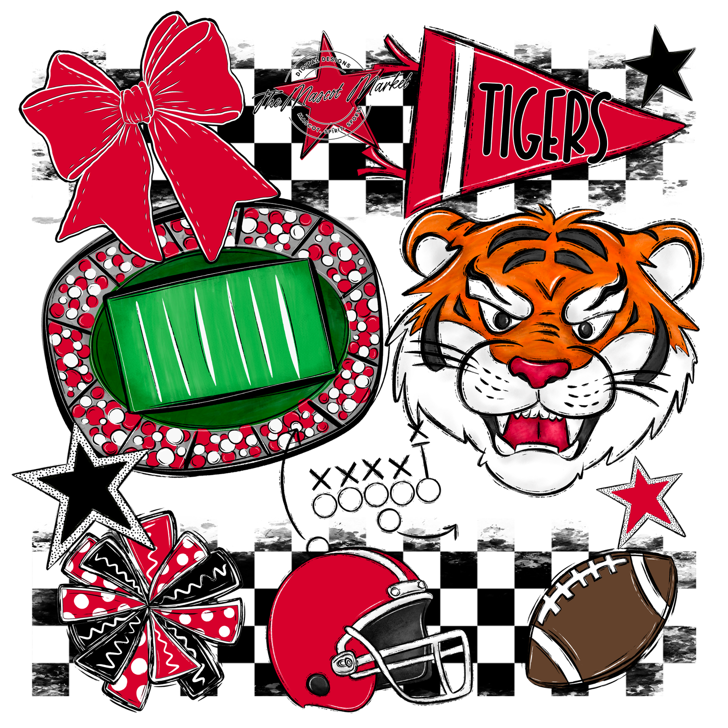 Tigers Checkers Mascot Spirit Design-Red