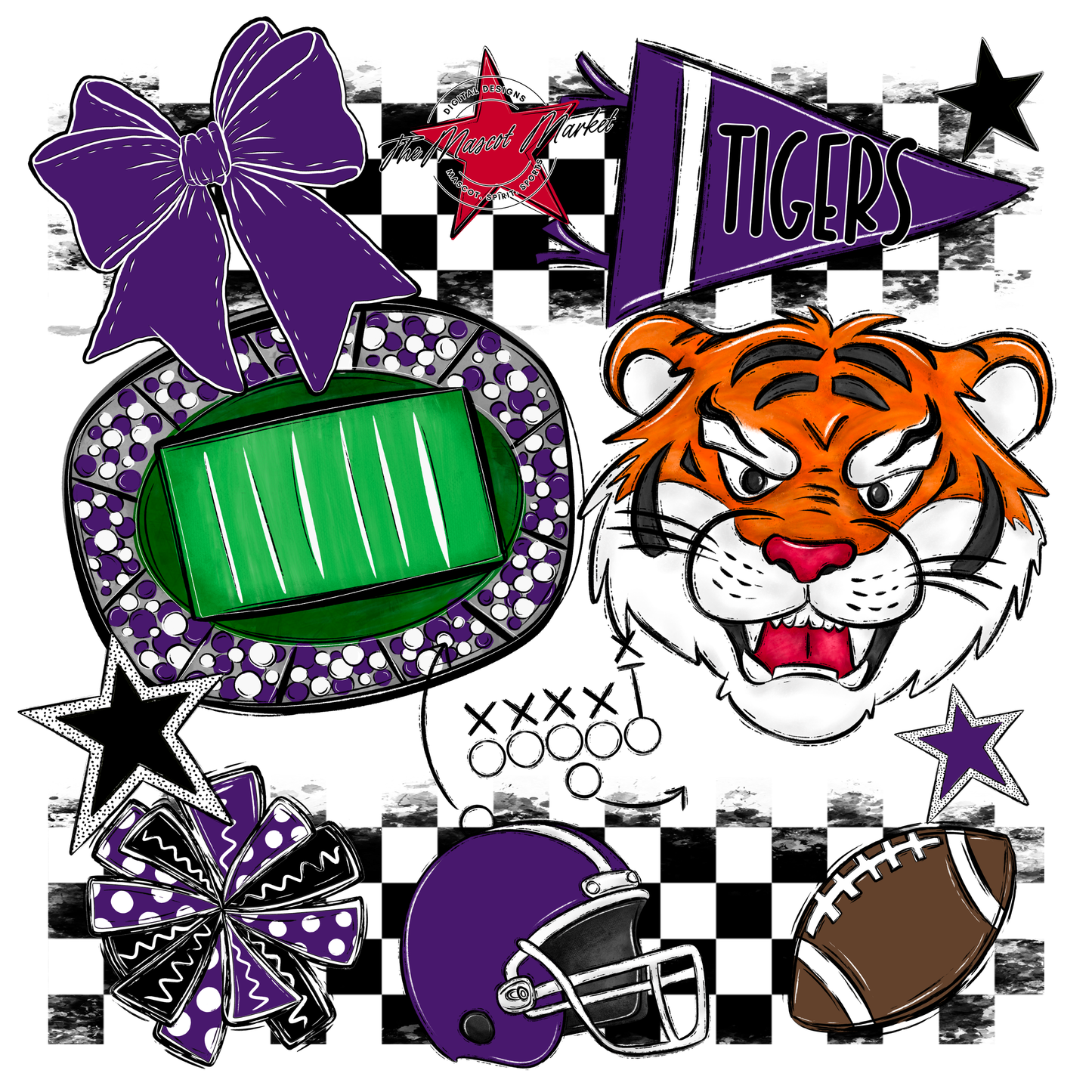 Tigers Checkers Mascot Spirit Design-Purple