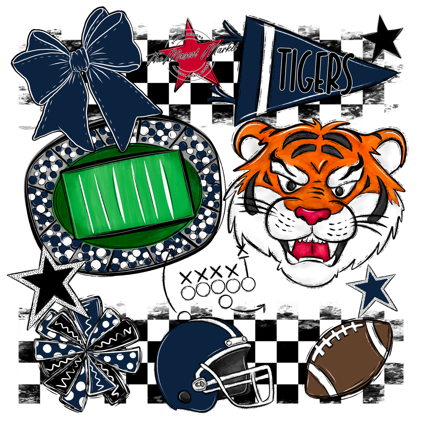 Tigers Checkers Mascot Spirit Design-Navy