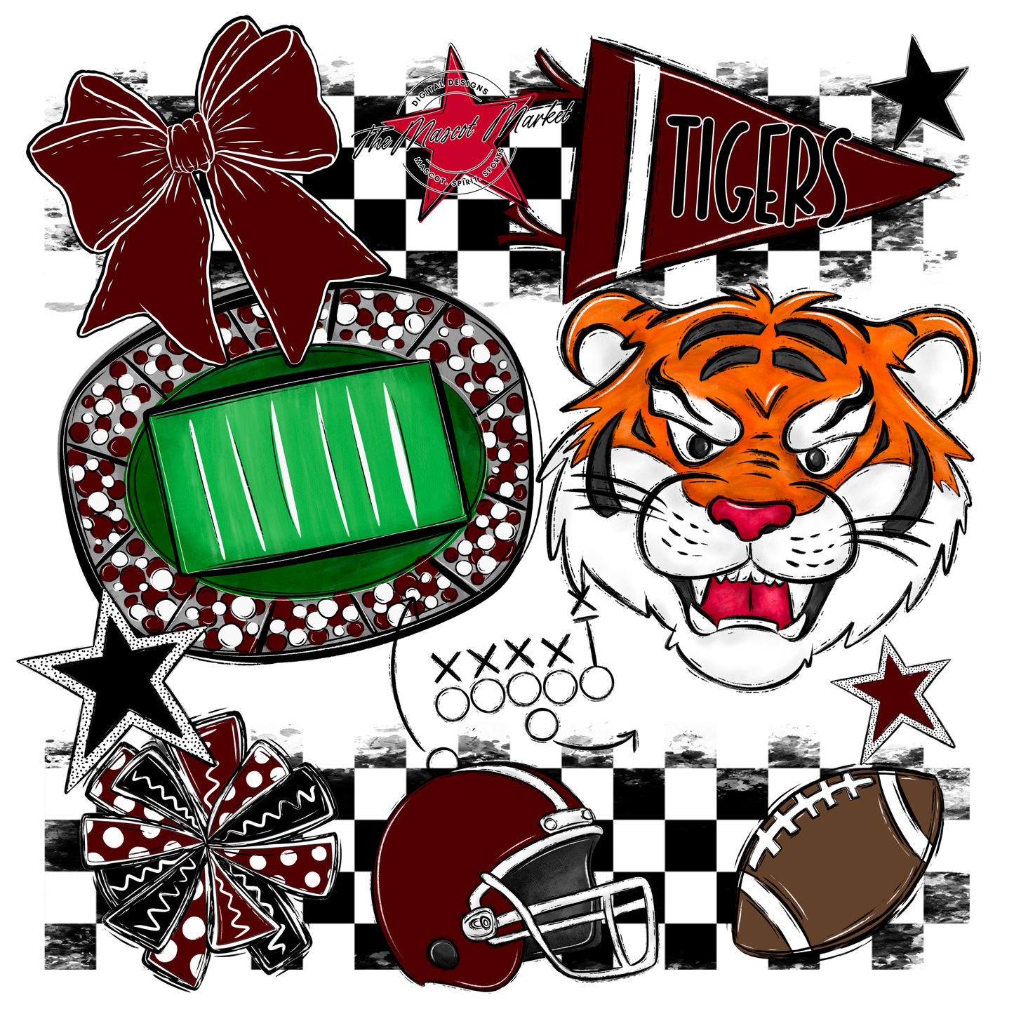 Tigers Checkers Mascot Spirit Design-Maroon