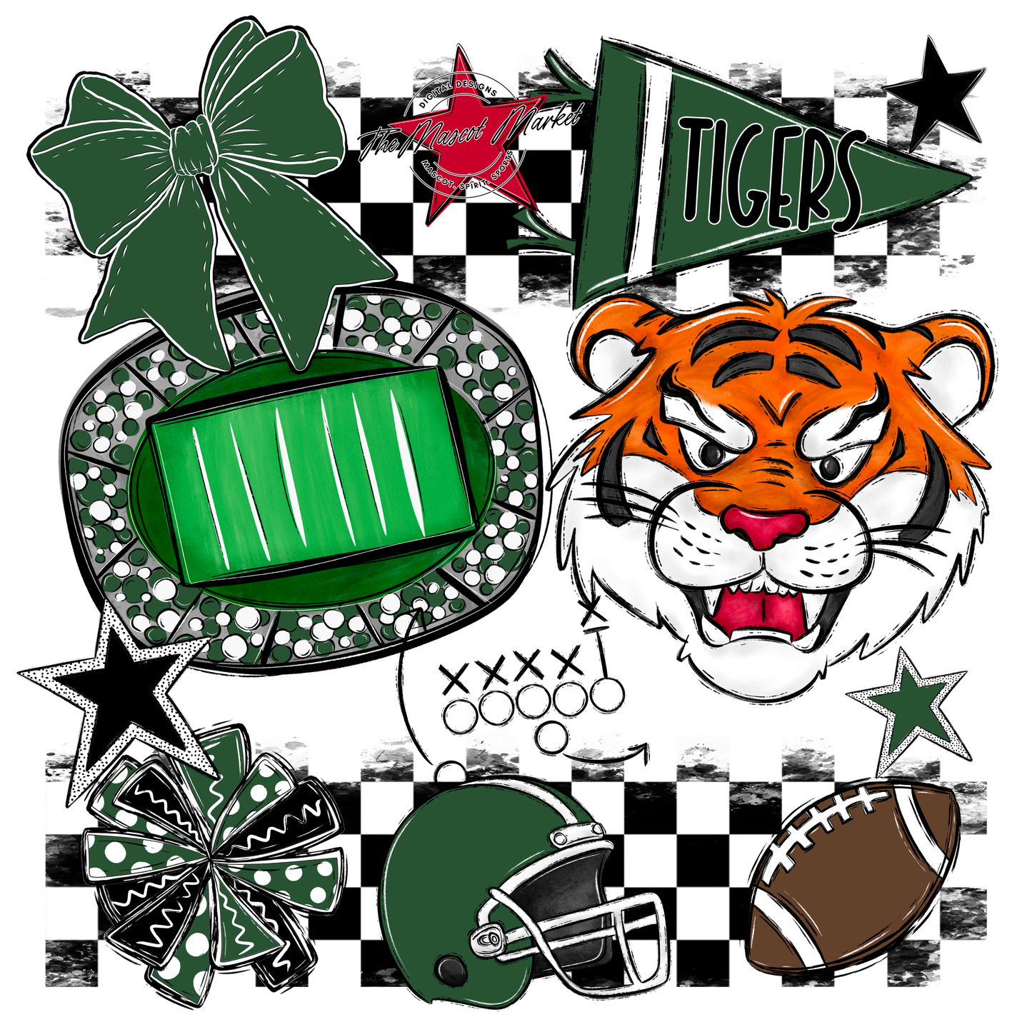 Tigers Checkers Mascot Spirit Design-Green