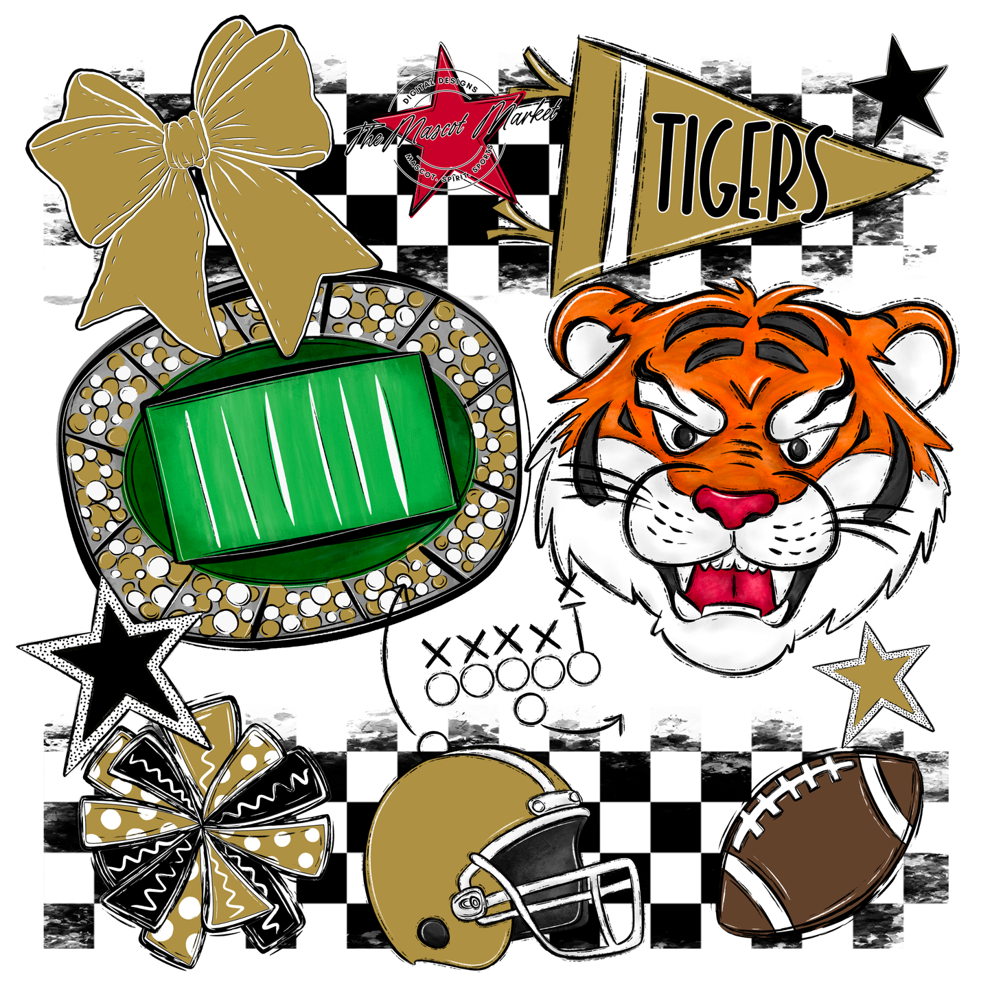 Tigers Checkers Mascot Spirit Design-Gold