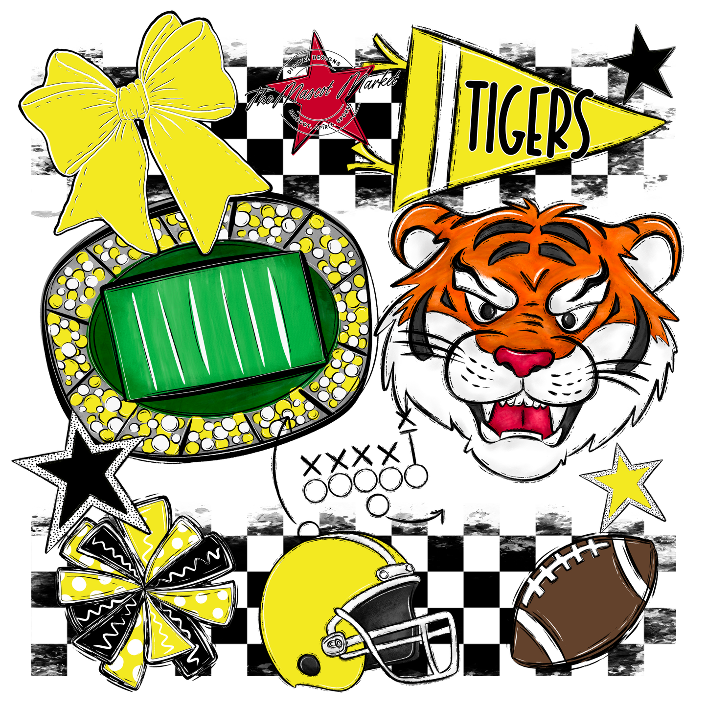 Tigers Checkers Mascot Spirit Design-Bright Yellow