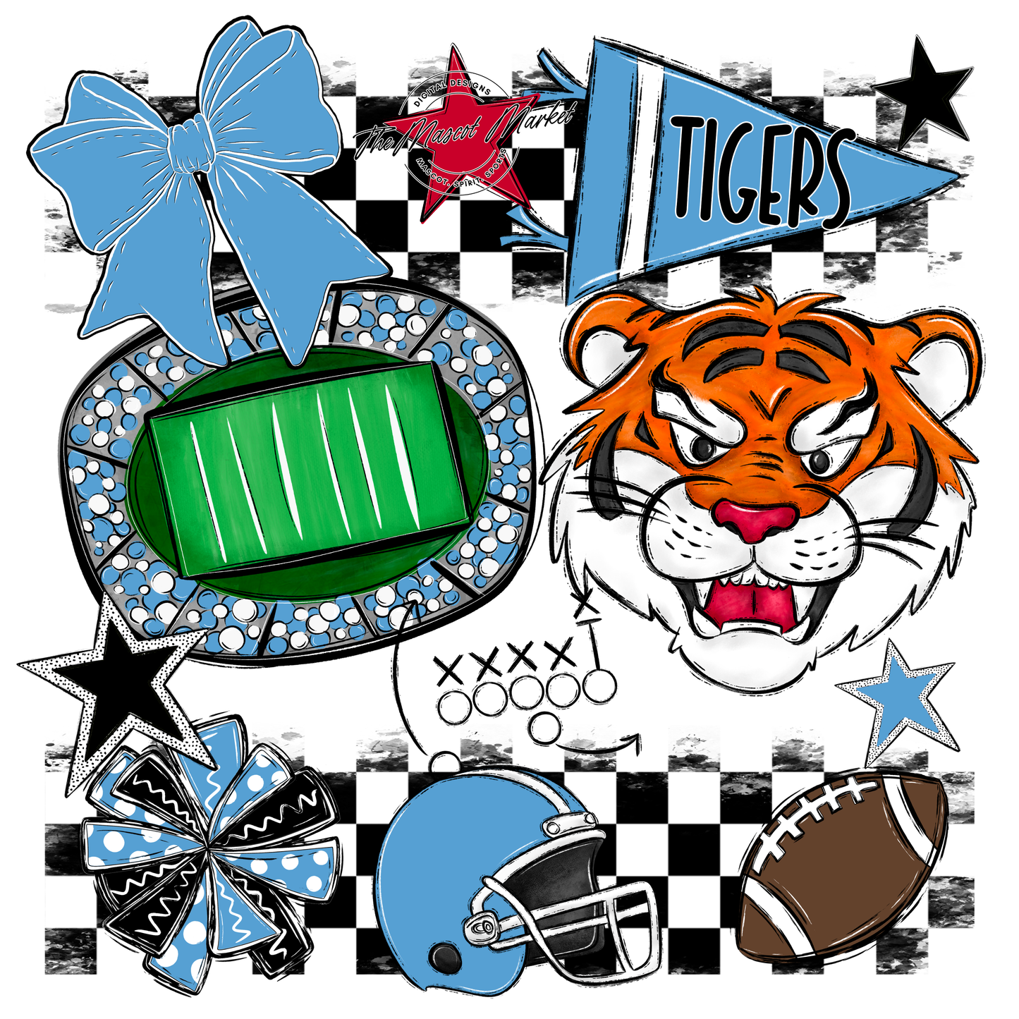 Tigers Checkers Mascot Spirit Design-Carolina Blue