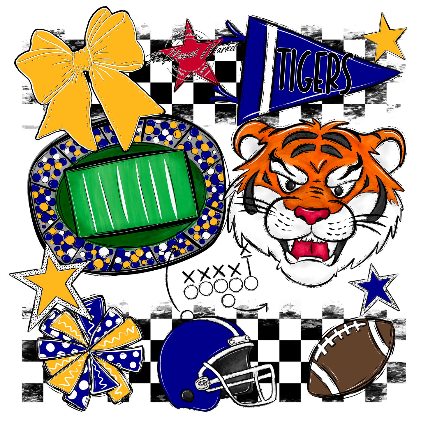 Tigers Checkers Mascot Spirit Design-Blue-Yellow