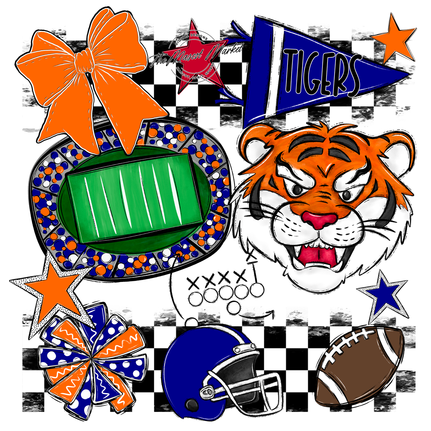 Tigers Checkers Mascot Spirit Design-Blue-Orange