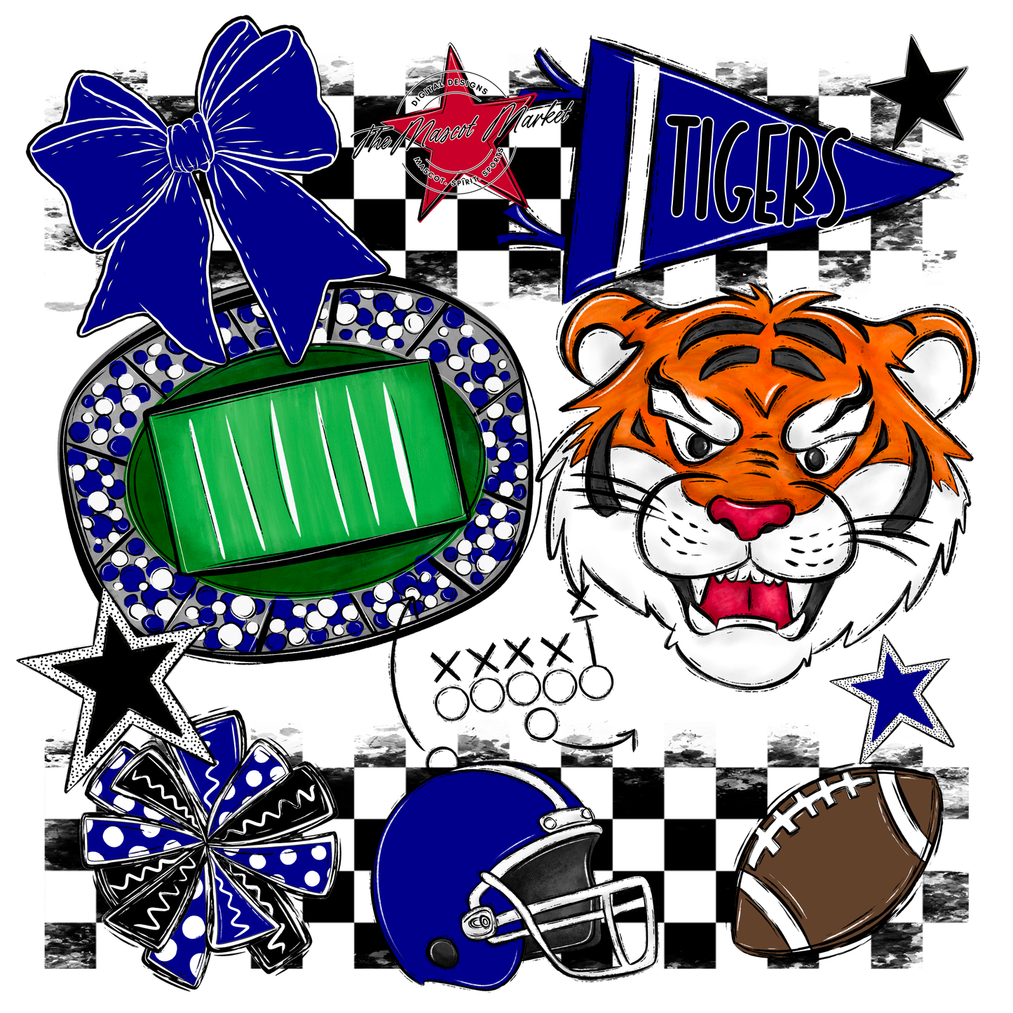 Tigers Checkers Mascot Spirit Design-Blue