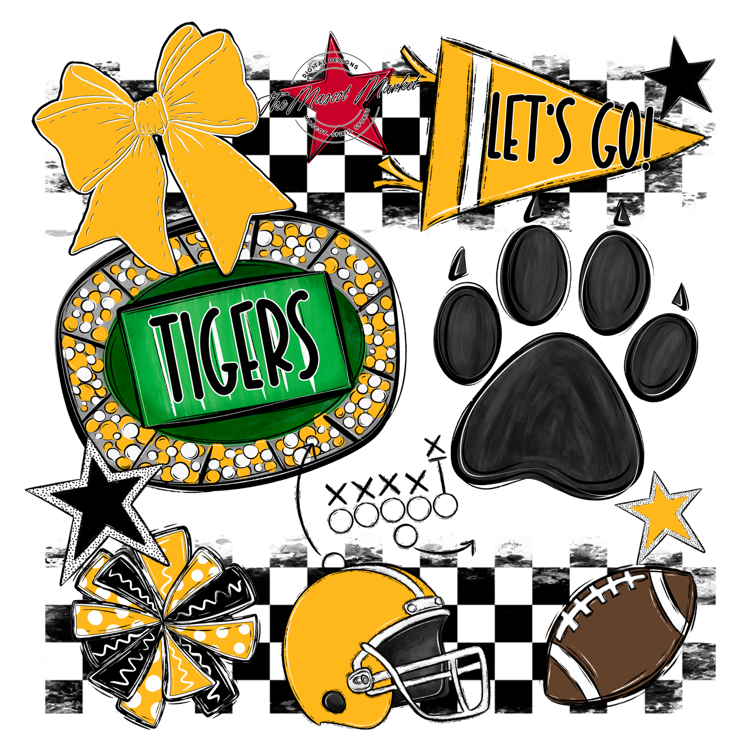 Tigers Checkers Mascot Spirit Design w Paw-Yellow