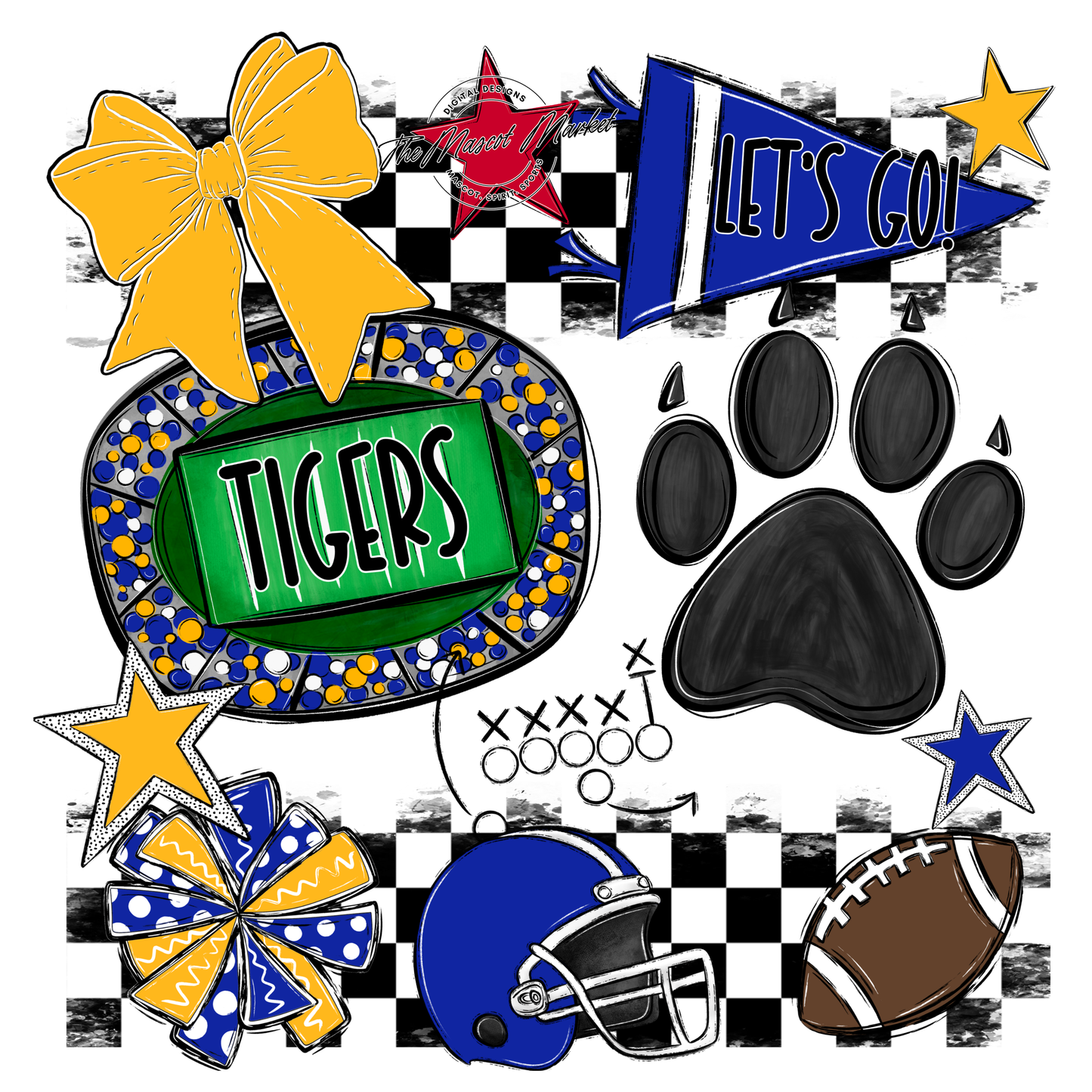 Tigers Checkers Mascot Spirit Design w Paw-Royal Blue-Yellow