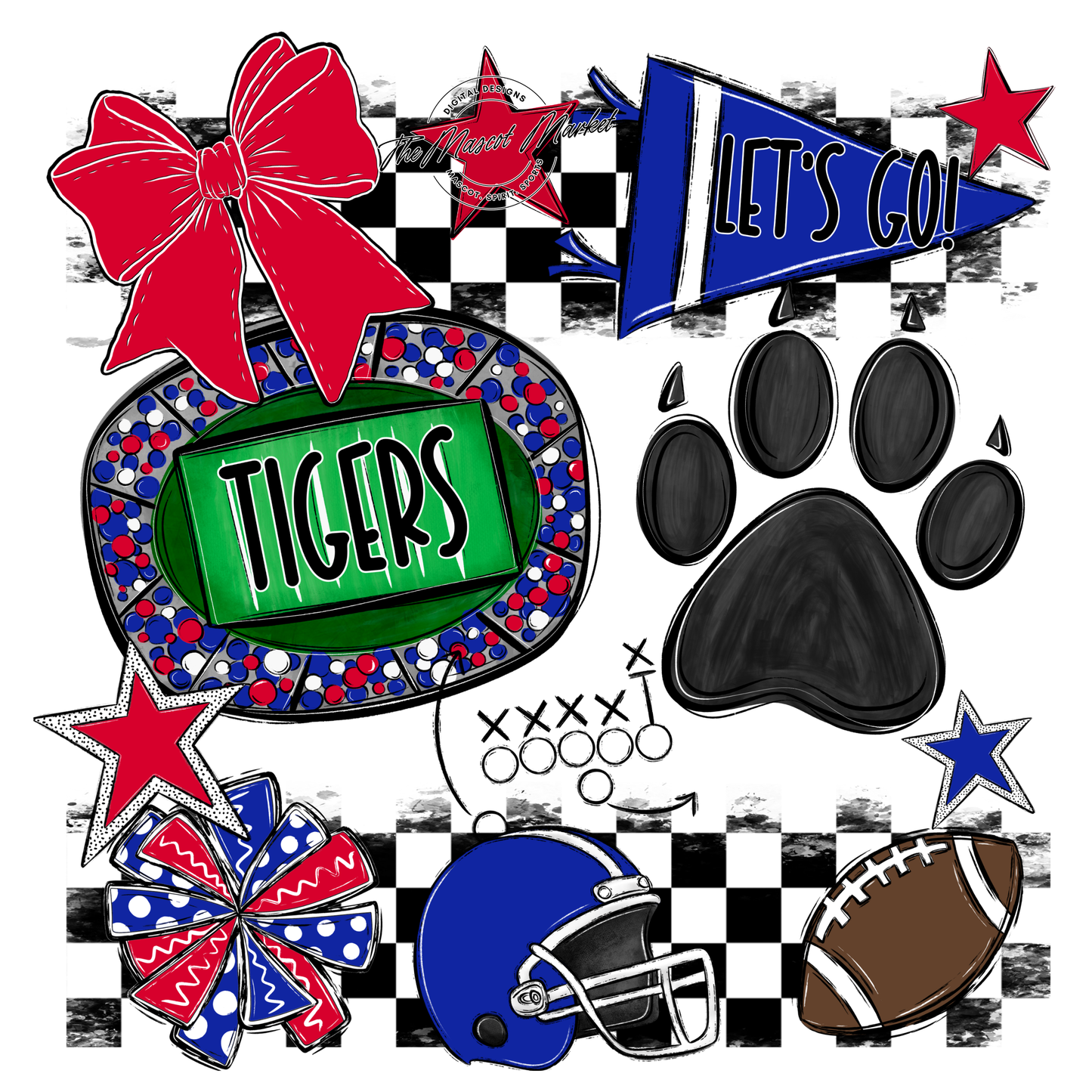Tigers Checkers Mascot Spirit Design w Paw-Royal Blue-Red