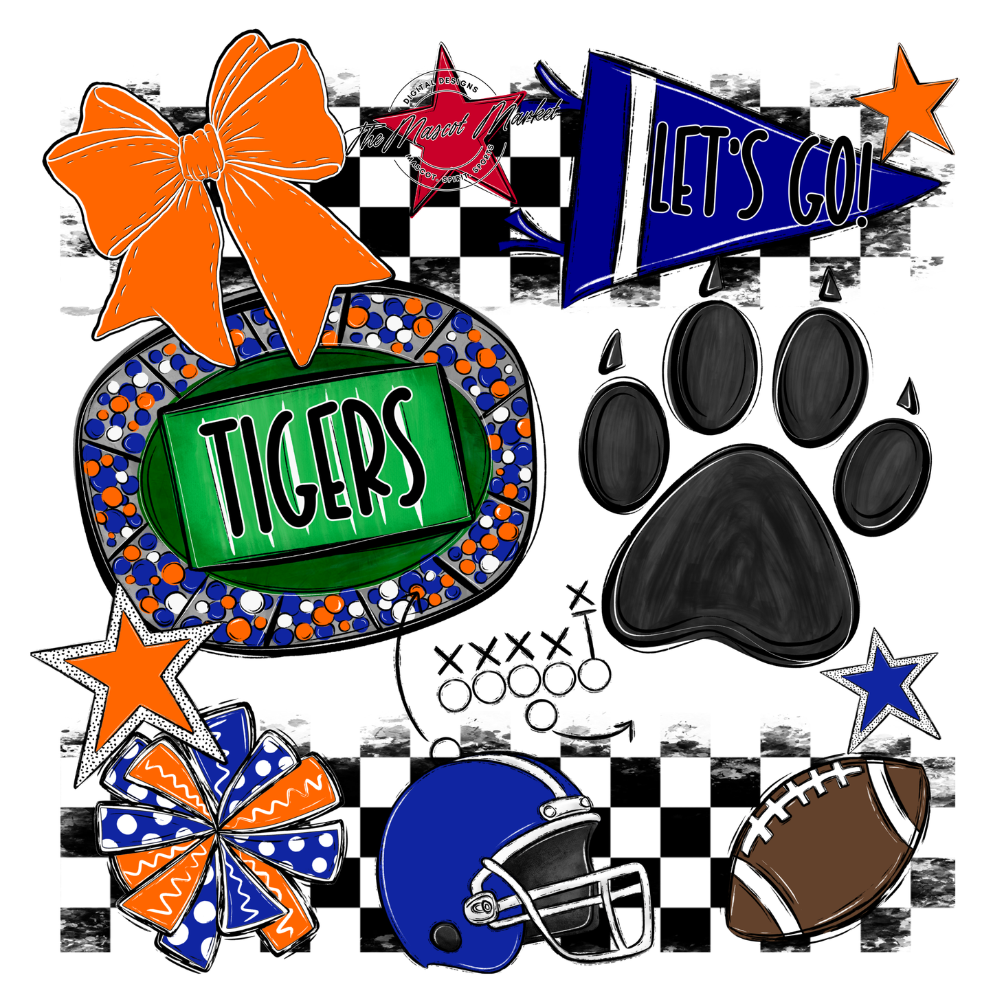 Tigers Checkers Mascot Spirit Design w Paw-Royal Blue-Orange