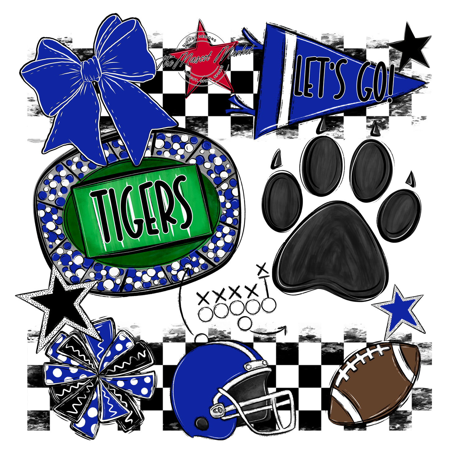 Tigers Checkers Mascot Spirit Design w Paw-Royal Blue