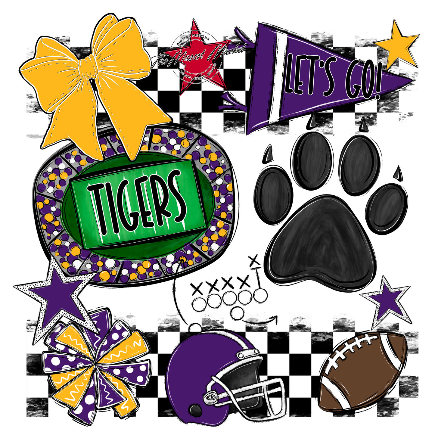 Tigers Checkers Mascot Spirit Design w Paw-Purple-Yellow