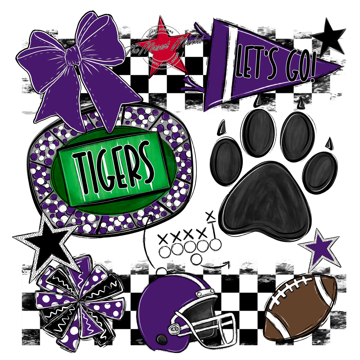 Tigers Checkers Mascot Spirit Design w Paw-Purple