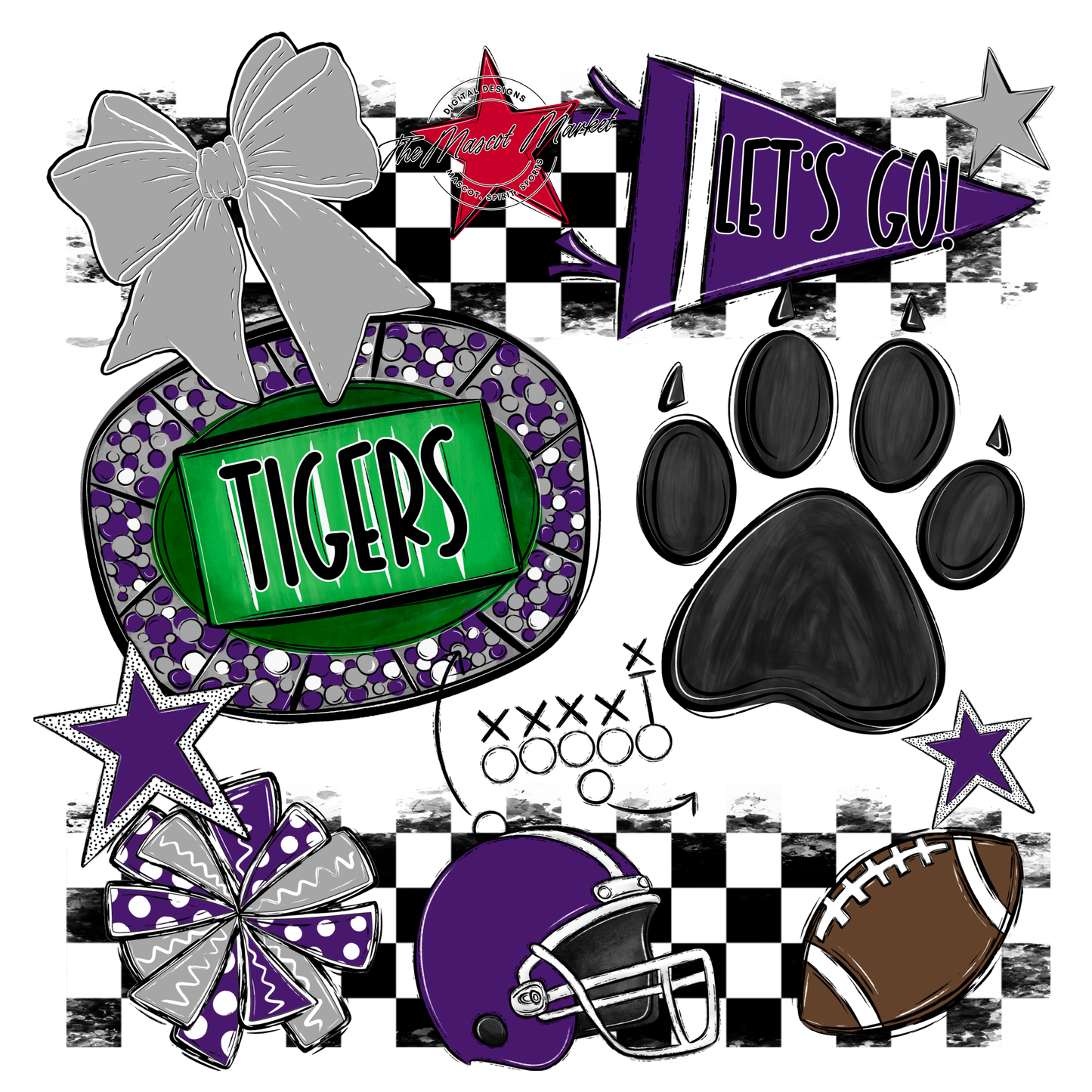 Tigers Checkers Mascot Spirit Design w Paw-Purple-Grey