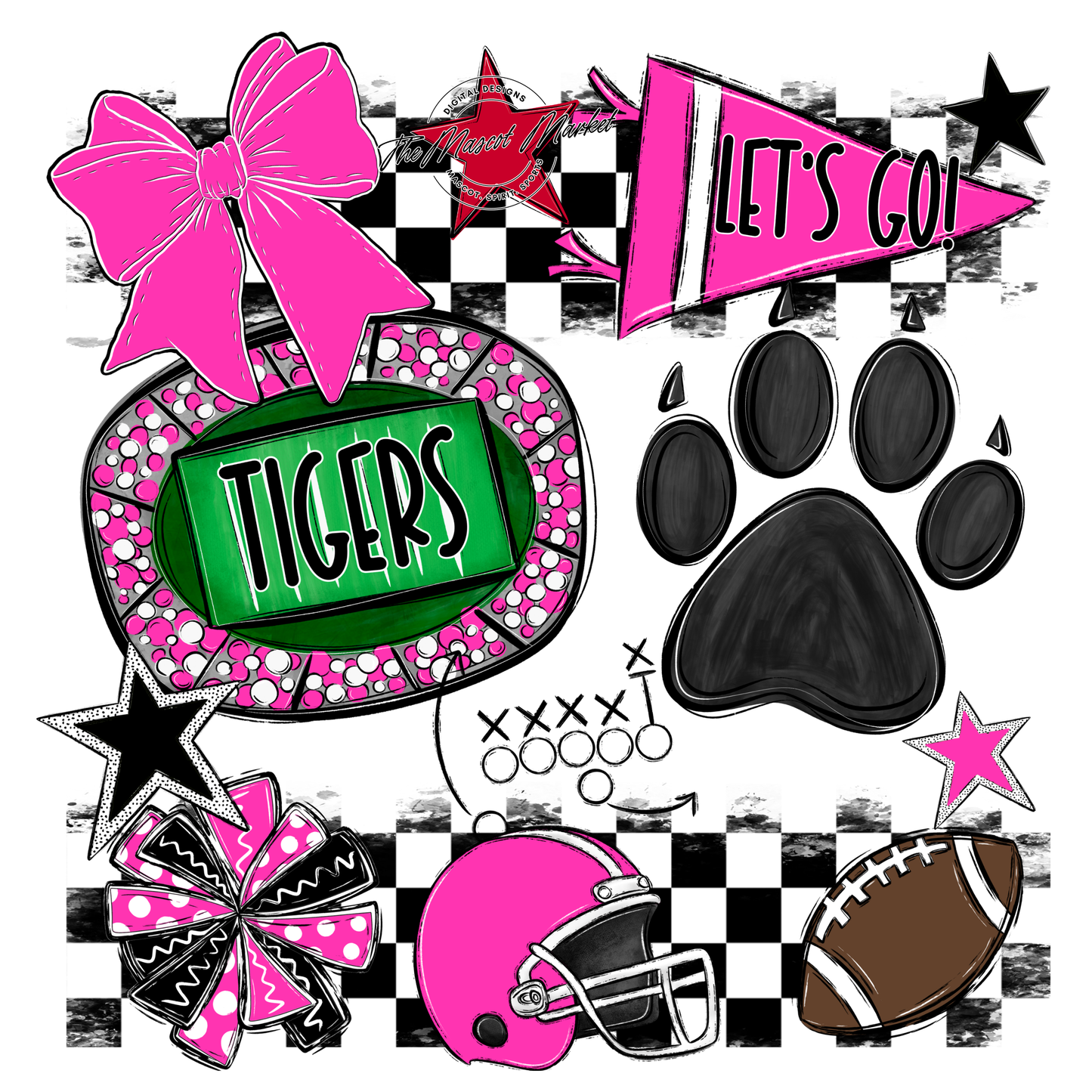 Tigers Checkers Mascot Spirit Design w Paw-Pink