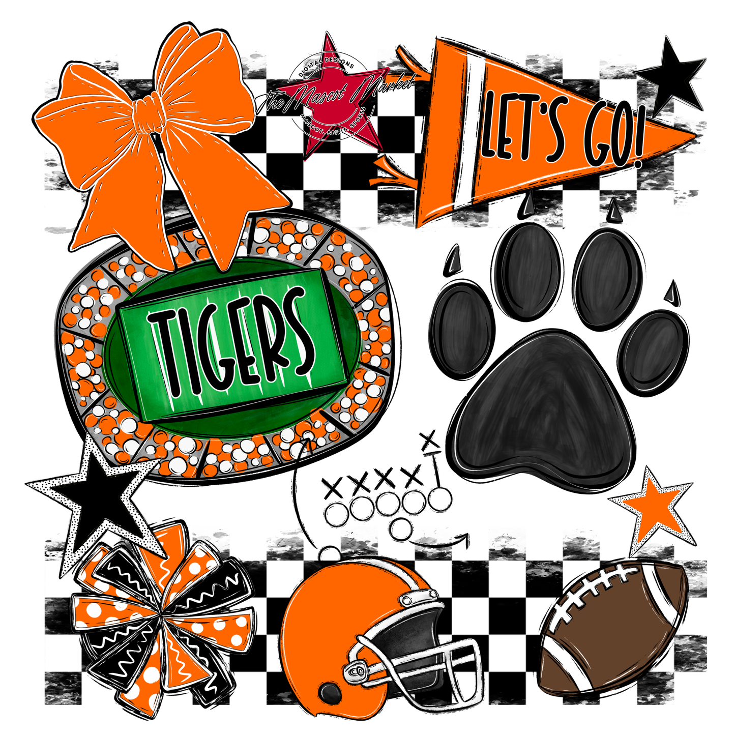 Tigers Checkers Mascot Spirit Design w Paw-Orange