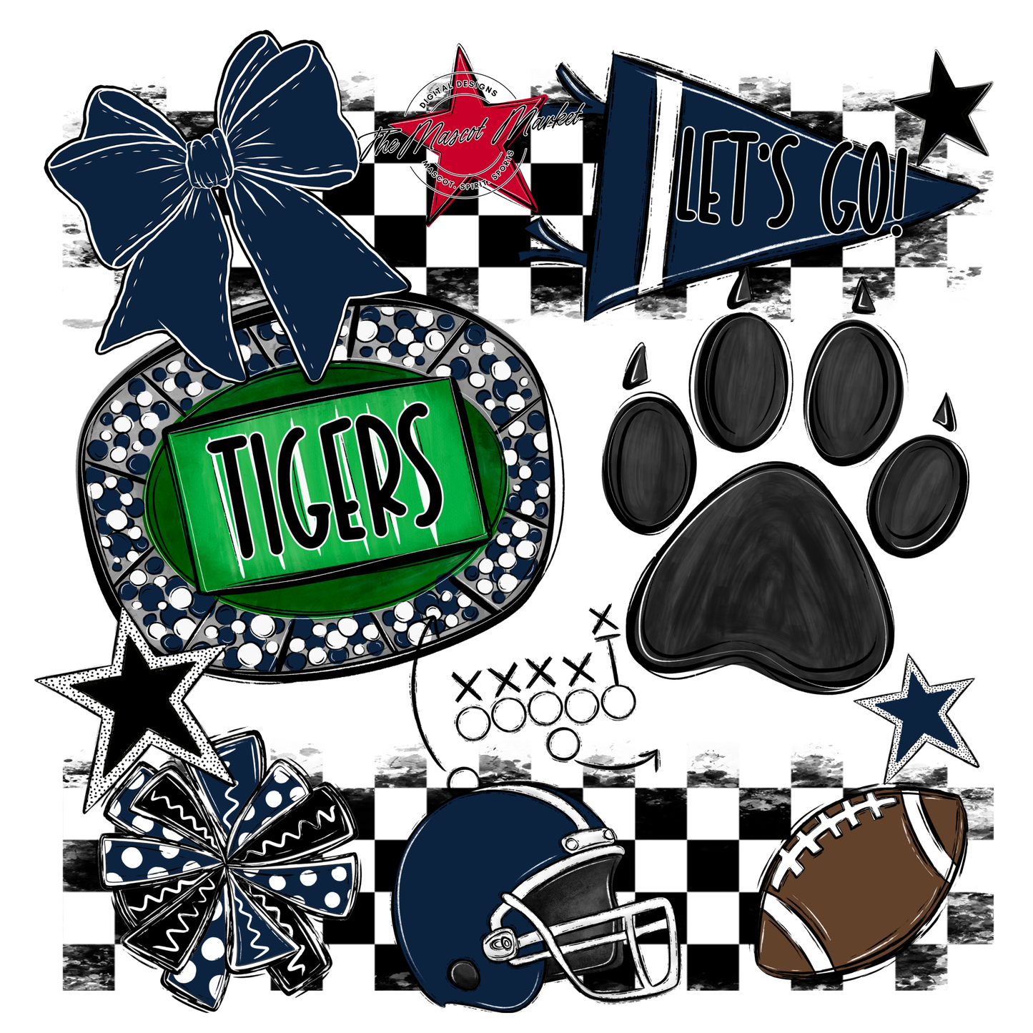 Tigers Checkers Mascot Spirit Design w Paw-Navy