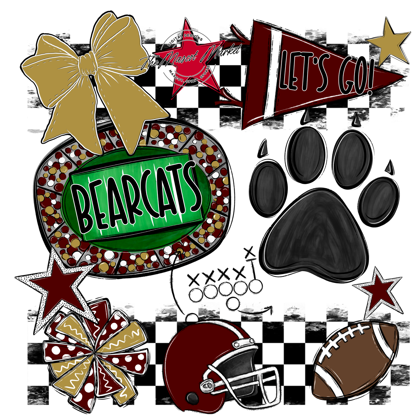 Bearcats Checkers Mascot Spirit Design-Maroon-Gold