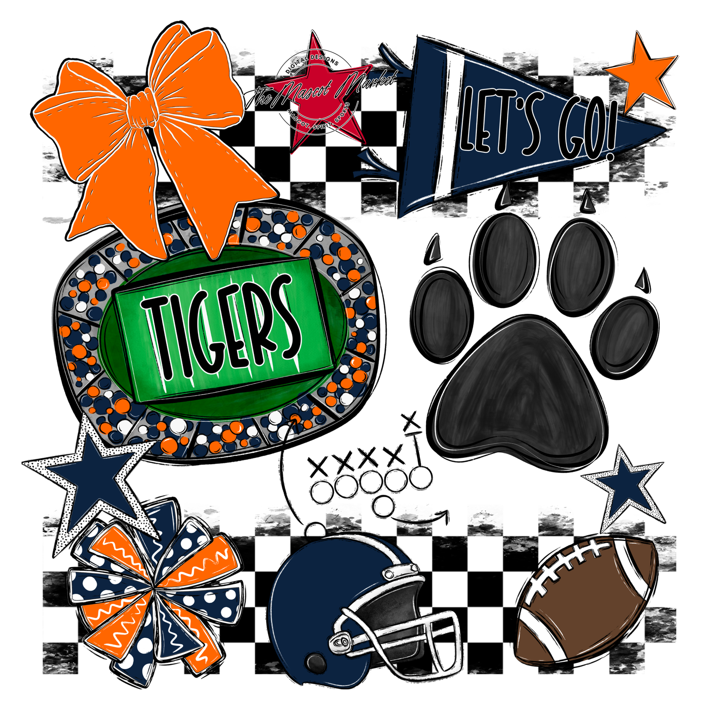 Tigers Checkers Mascot Spirit Design w Paw-Navy-Orange