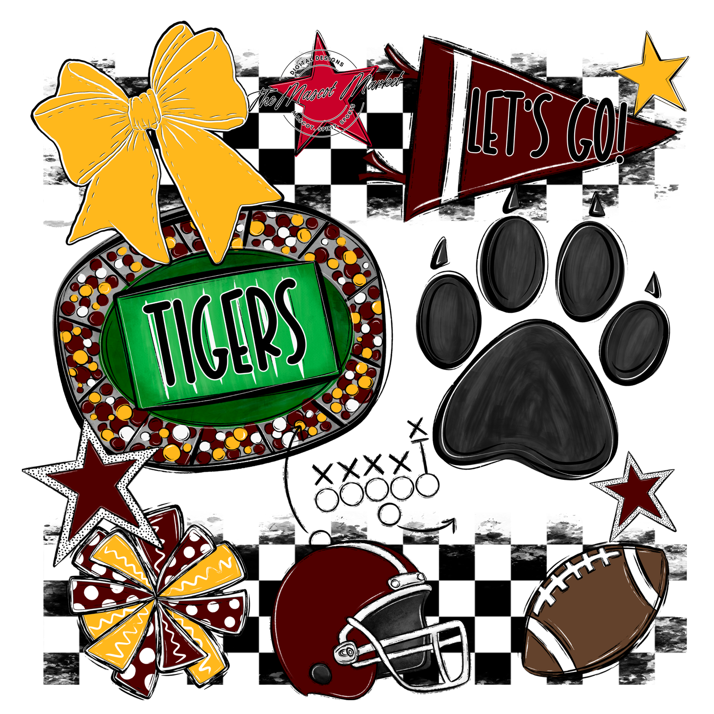 Tigers Checkers Mascot Spirit Design w Paw-Maroon-Yellow