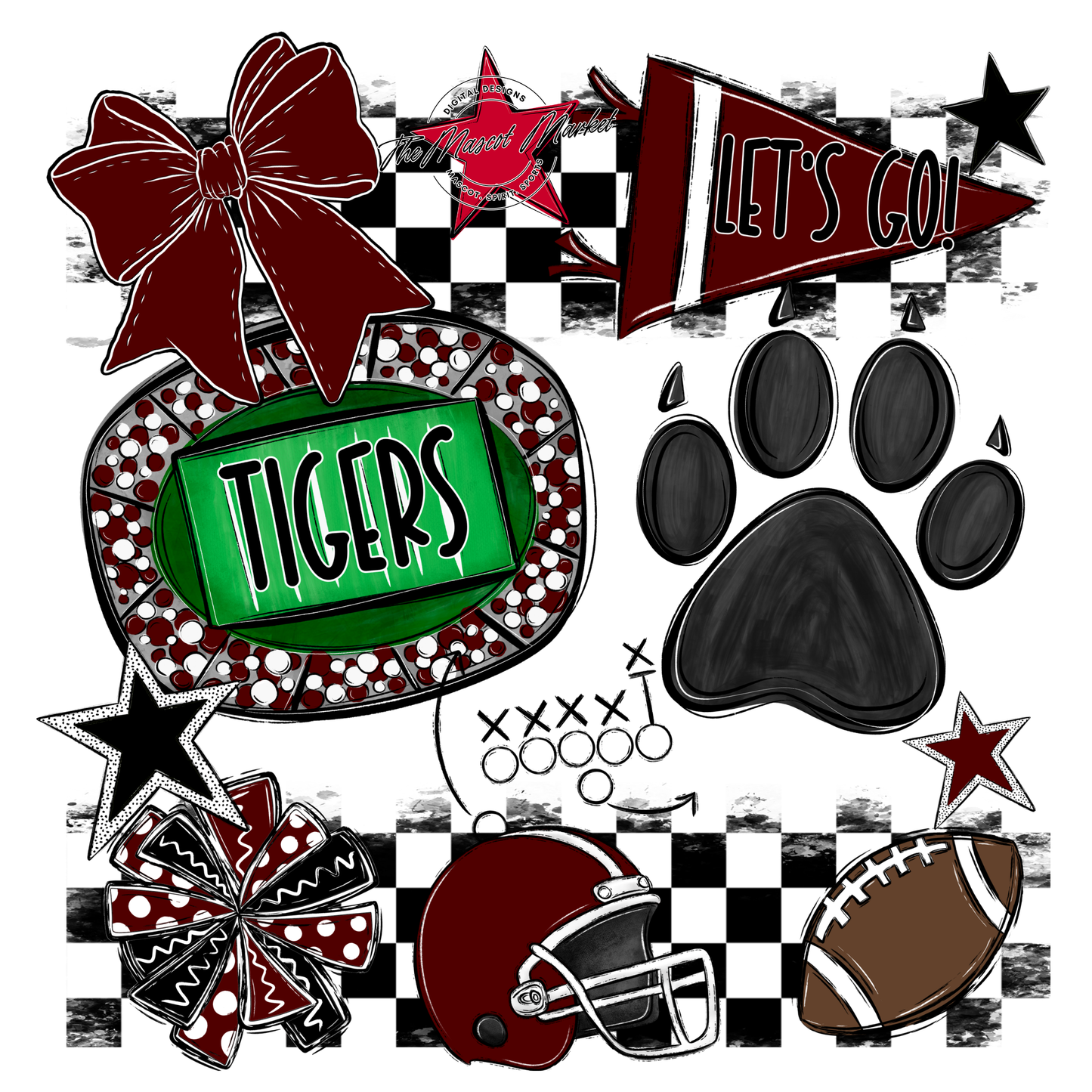 Tigers Checkers Mascot Spirit Design w Paw-Maroon