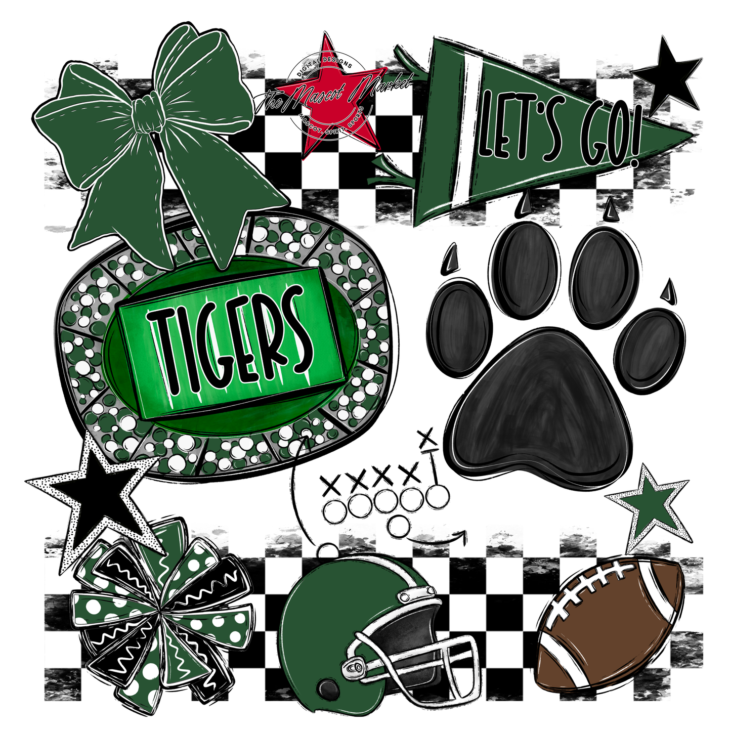 Tigers Checkers Mascot Spirit Design w Paw-Green