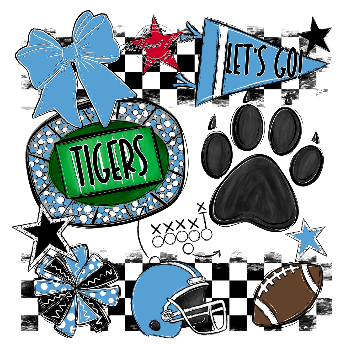 Tigers Checkers Mascot Spirit Design w Paw-Carolina Blue