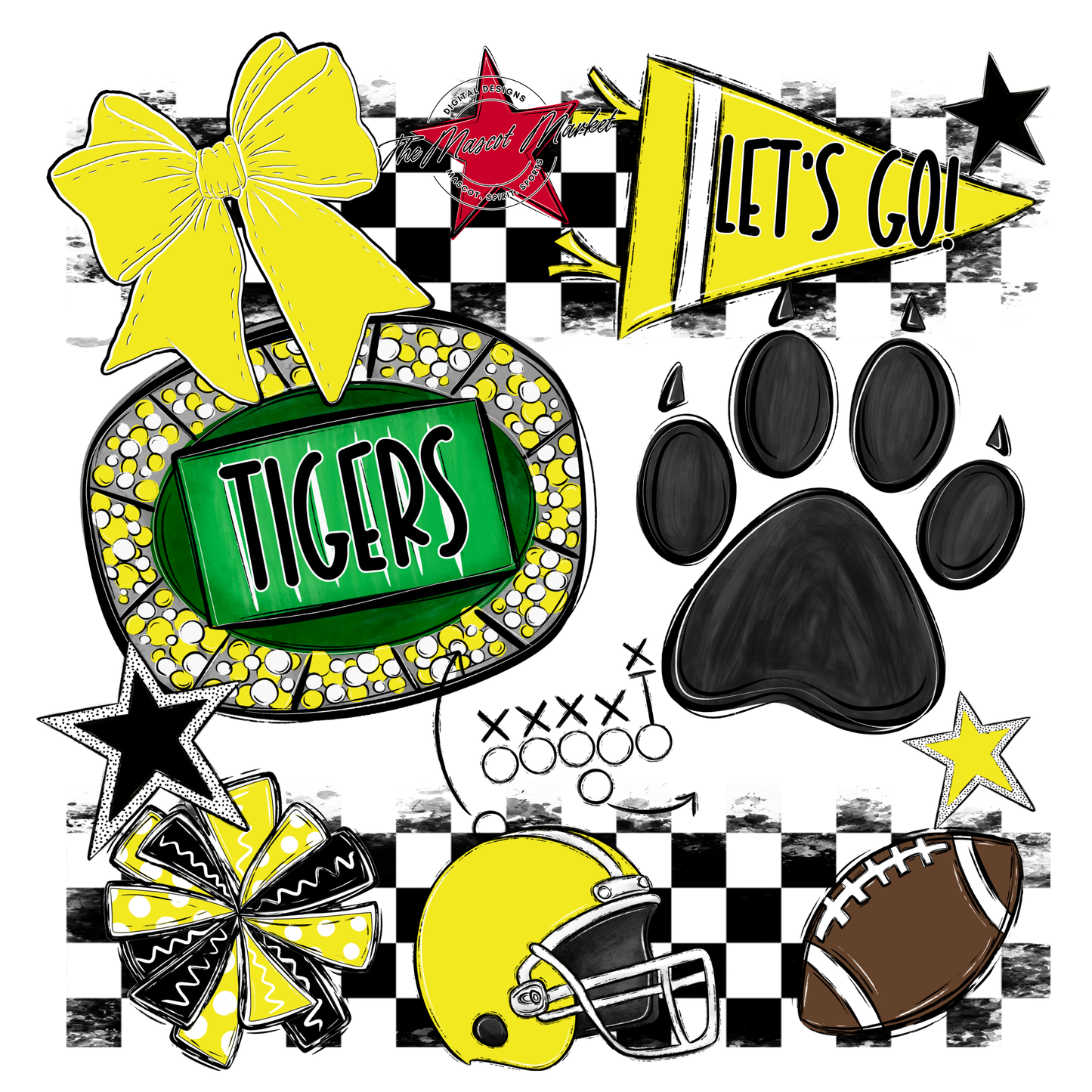 Tigers Checkers Mascot Spirit Design w Paw-Bright Yellow