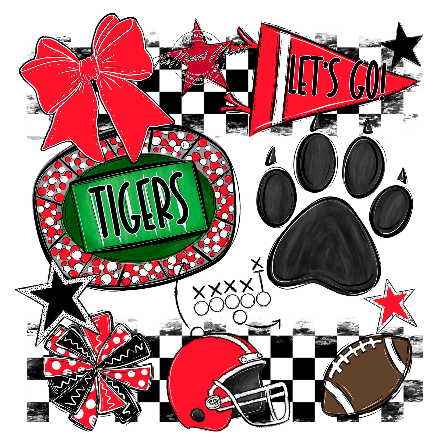 Tigers Checkers Mascot Spirit Design w Paw-Bright Red