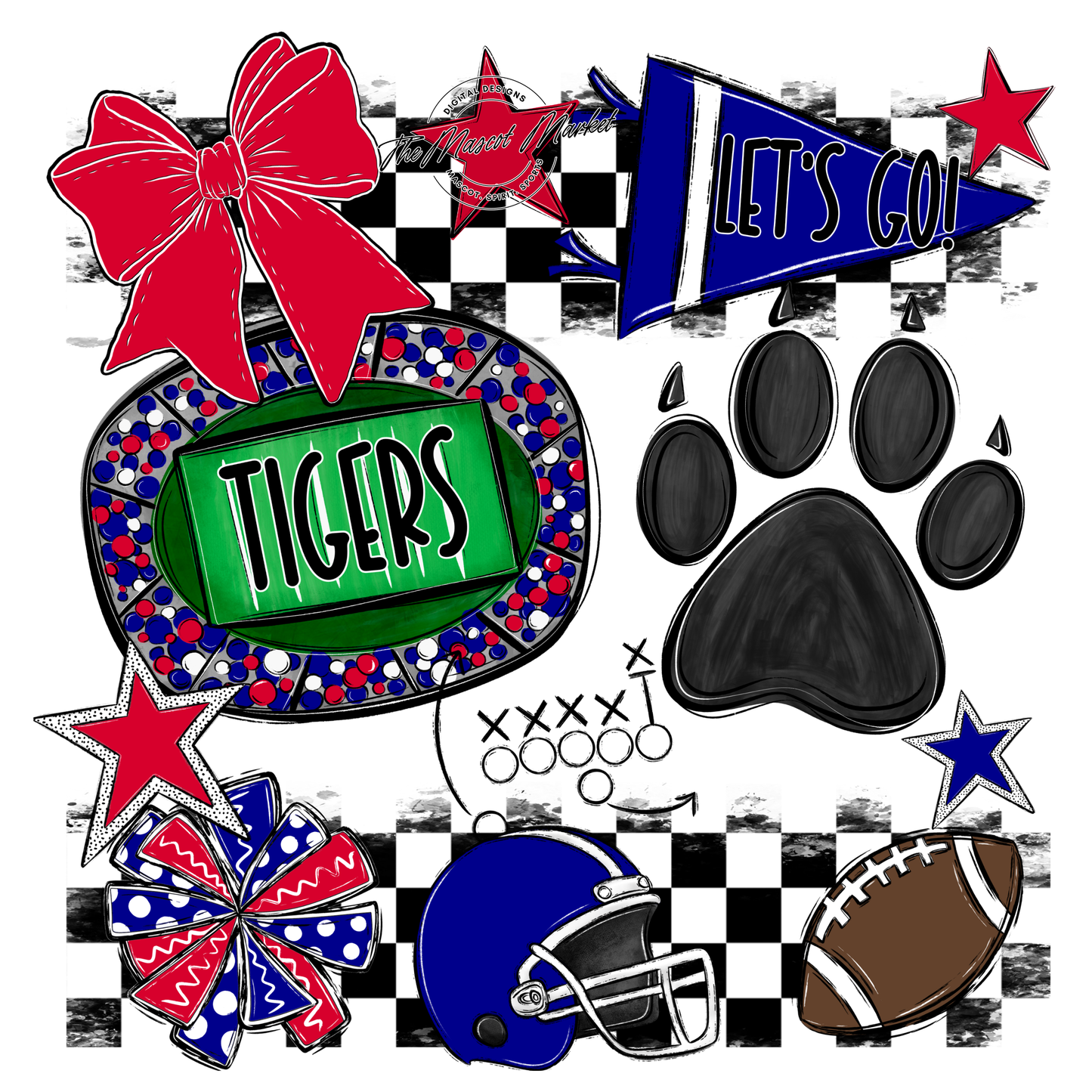 Tigers Checkers Mascot Spirit Design w Paw-Blue-Red